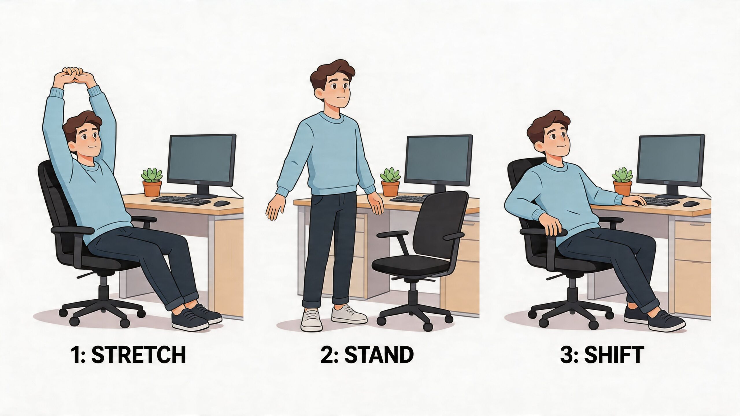 An illustration showing three steps to improve posture while sitting: stretching, standing up, and shifting position.
