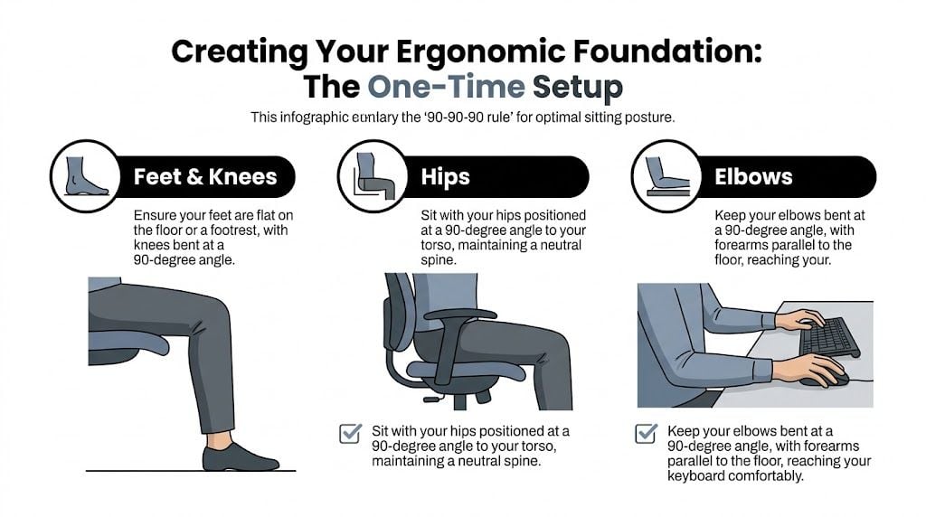 An infographic illustrating the 90-90-90 ergonomic rule for achieving correct posture while sitting at a desk.