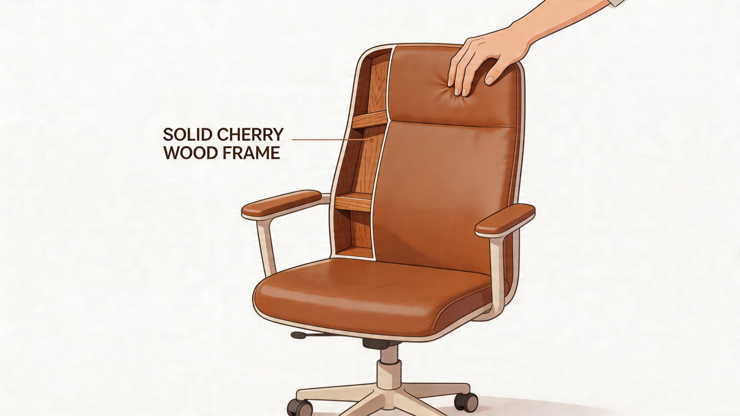 A brown leather office chair with a visible solid cherry wood frame design for ergonomic support.
