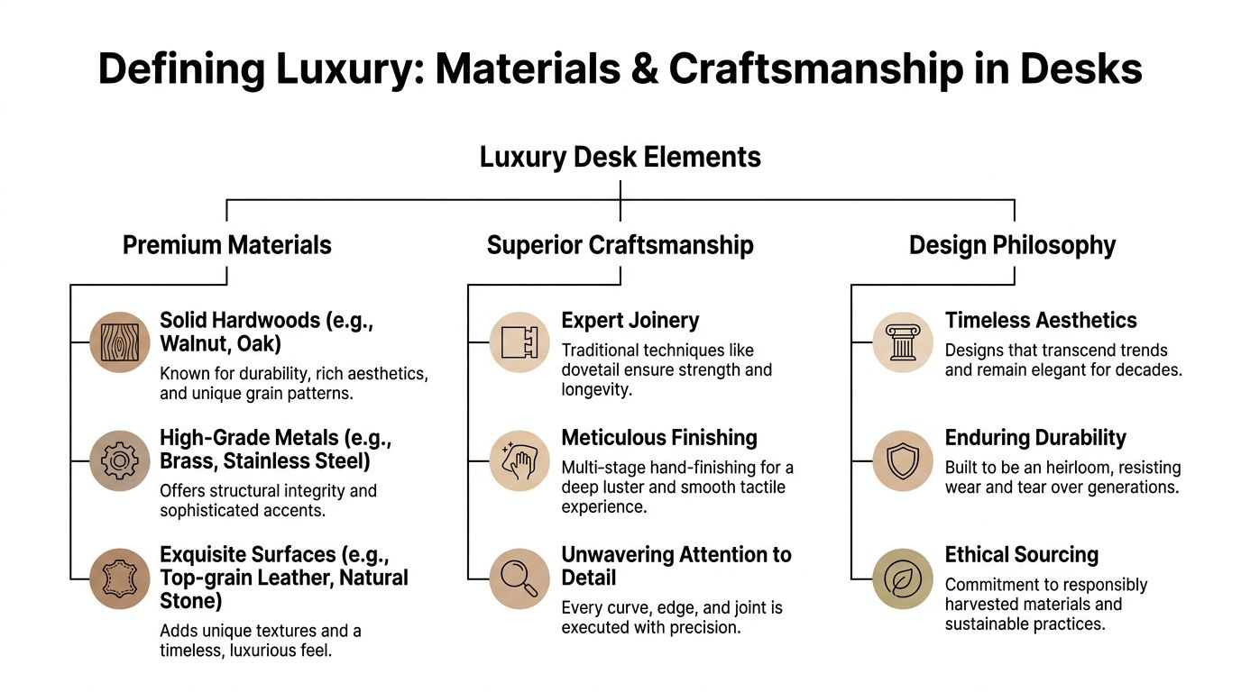 A diagram illustrating the three pillars of luxury desk design: premium materials, superior craftsmanship, and design philosophy.