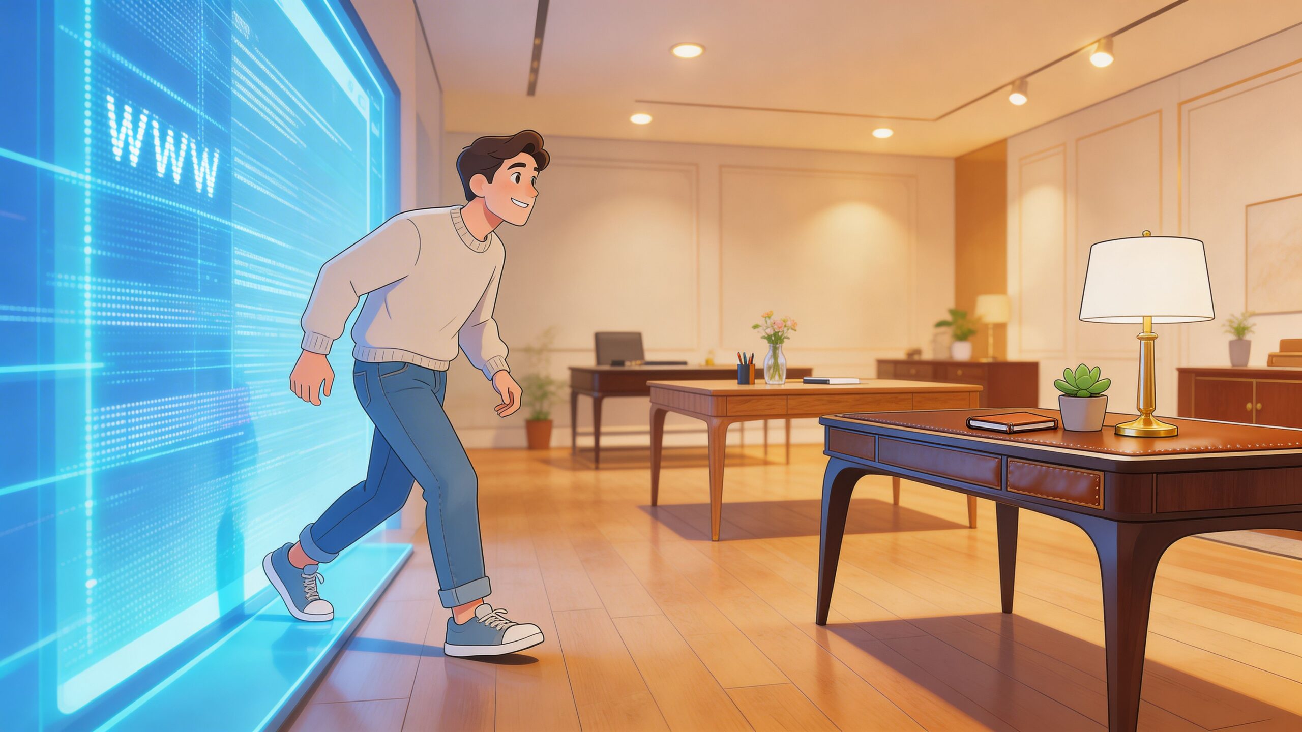 A young man steps out from a glowing blue digital portal into a modern luxury office.