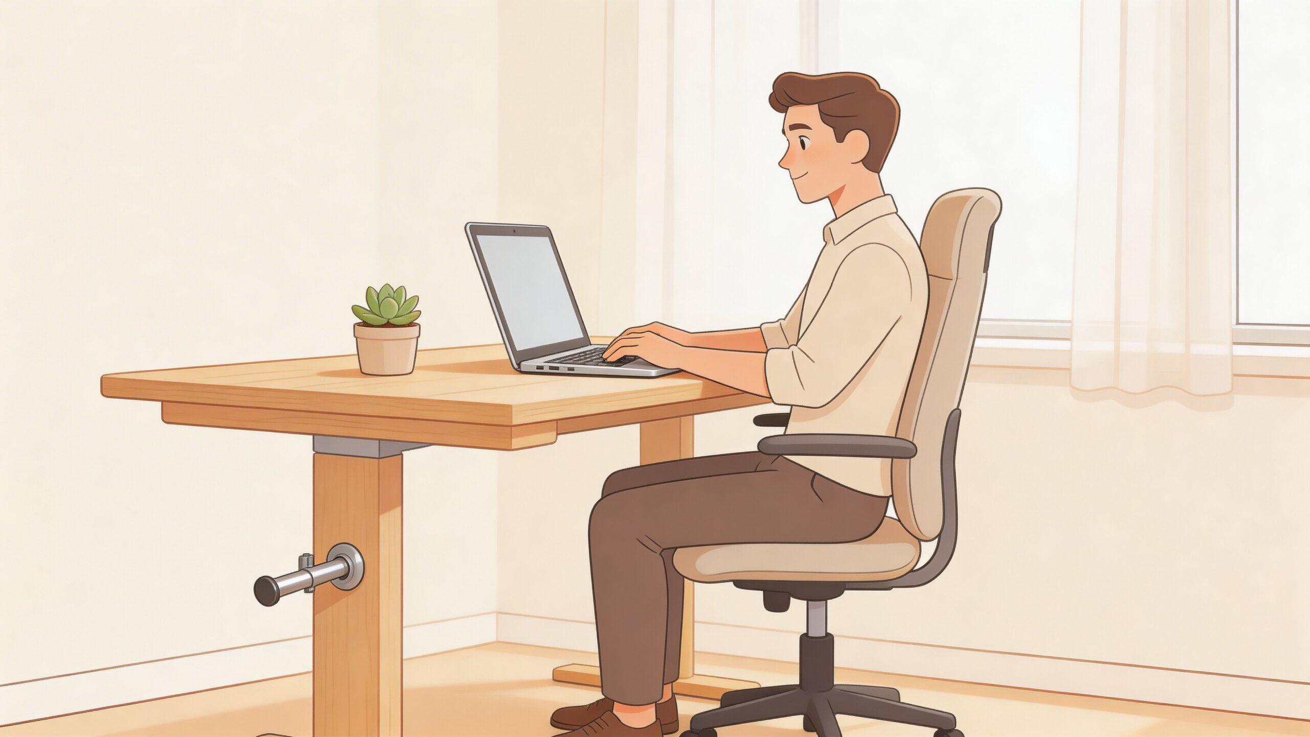 A professional man sitting at a modern adjustable luxury office desk working on his laptop computer.
