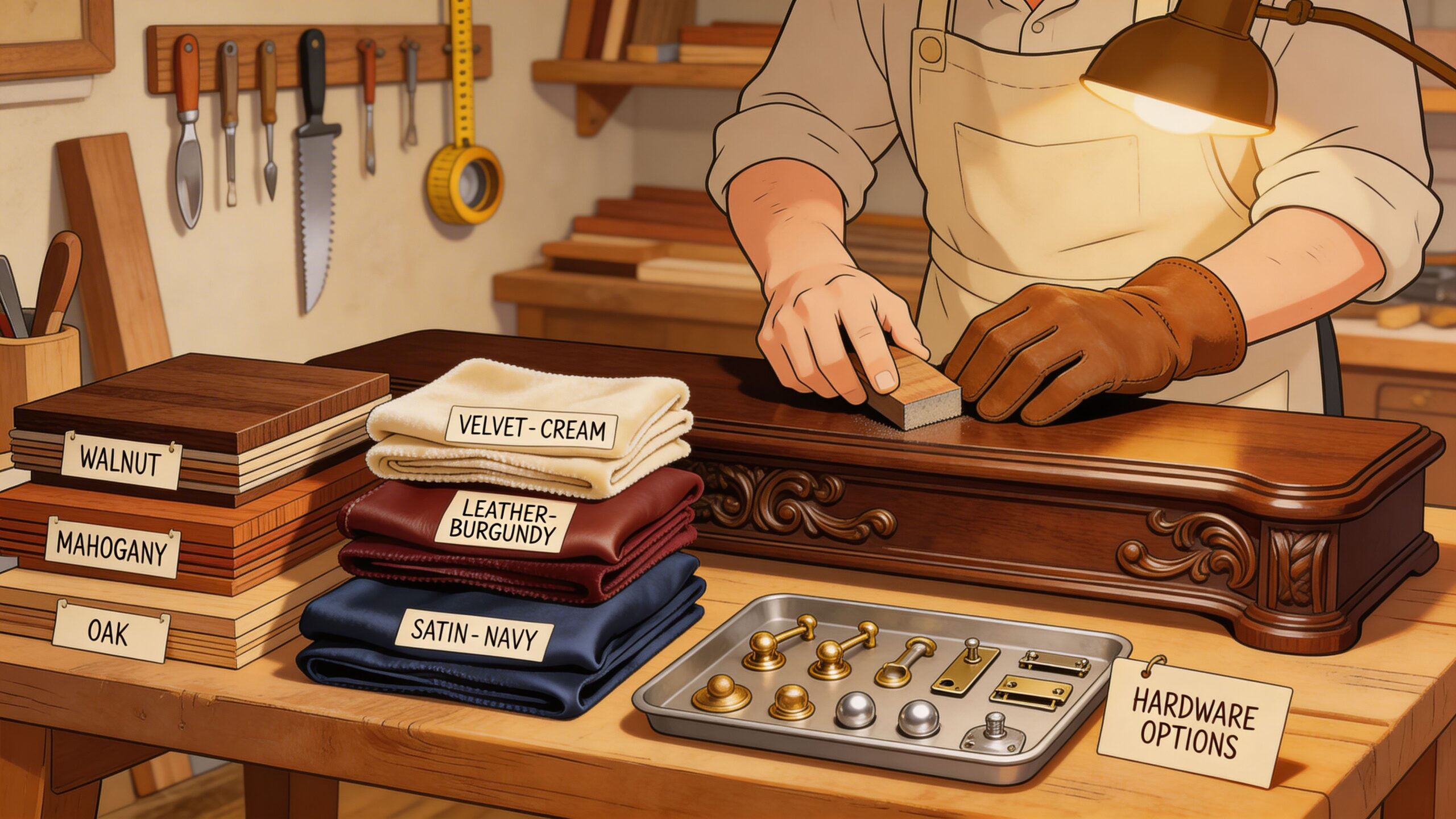 A skilled woodworker sanding a luxury office desk surface in a workshop surrounded by material samples.