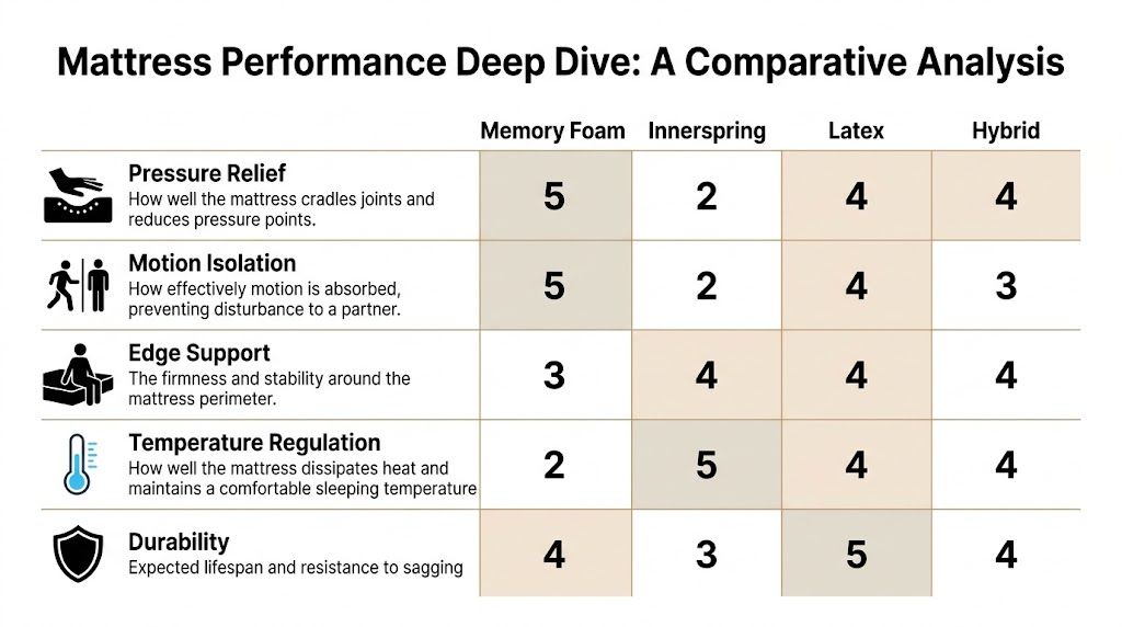 A comparative analysis chart ranking mattress types including memory foam, innerspring, latex, and hybrid on performance metrics.
