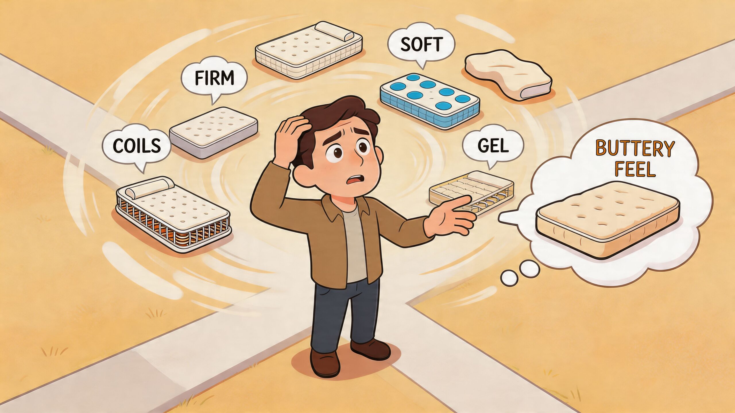 A confused person surrounded by various mattress types representing different comfort options and materials while shopping.