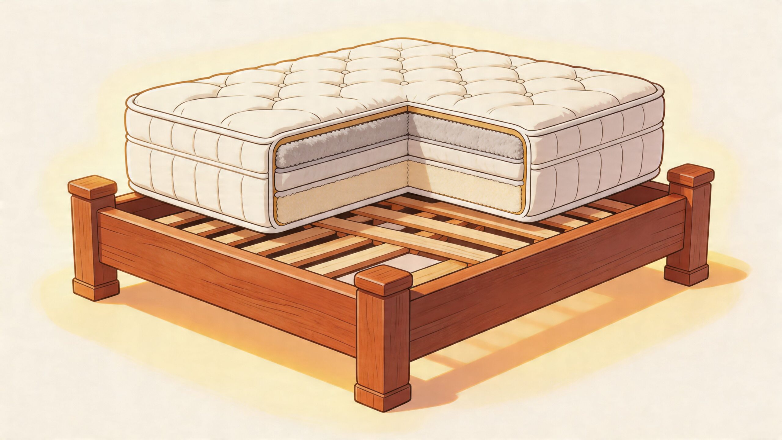 A cutaway illustration of a comfortable mattress on a wooden bed frame showing inner material layers.