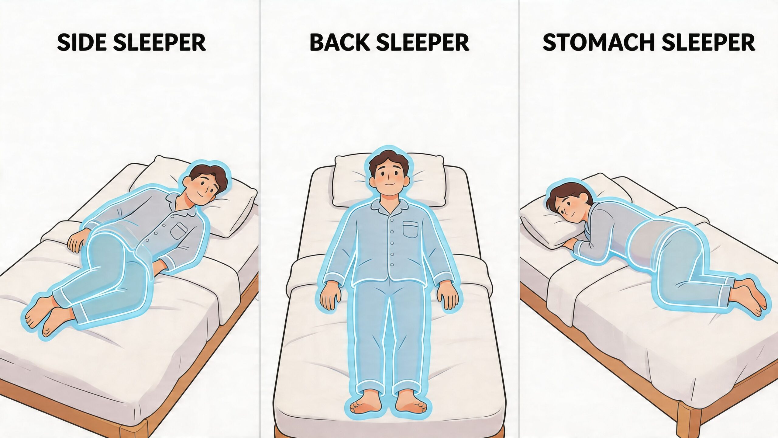 A diagram illustrating three different sleeping positions: side sleeper, back sleeper, and stomach sleeper on beds.
