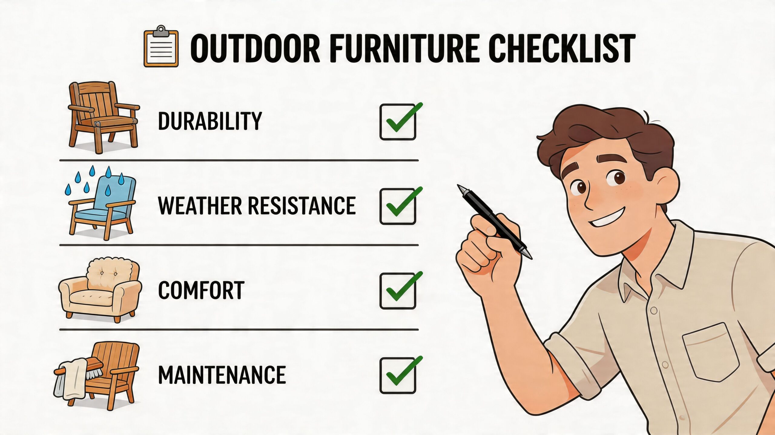 A checklist featuring categories for choosing outdoor upholstered furniture including durability, weather resistance, comfort, and maintenance.
