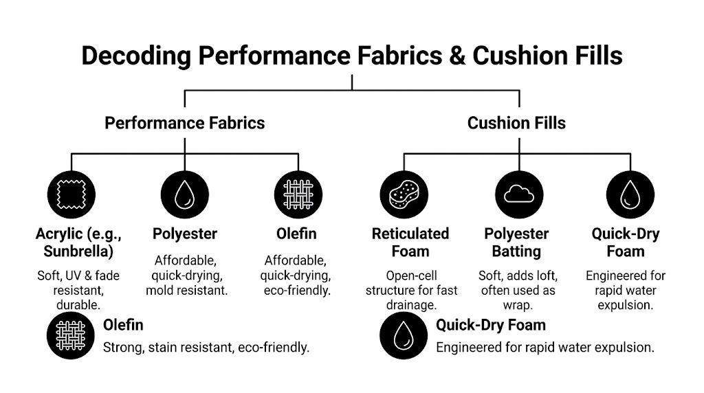 A chart explaining common types of performance fabrics and cushion fills used in outdoor upholstered furniture.