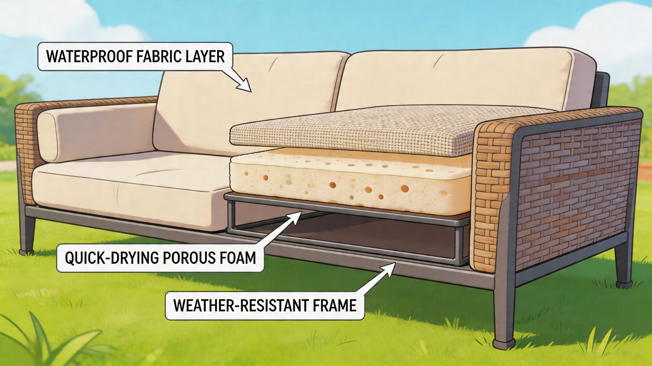 A diagram of an outdoor sofa showcasing its layers including waterproof fabric, porous foam, and a metal frame.
