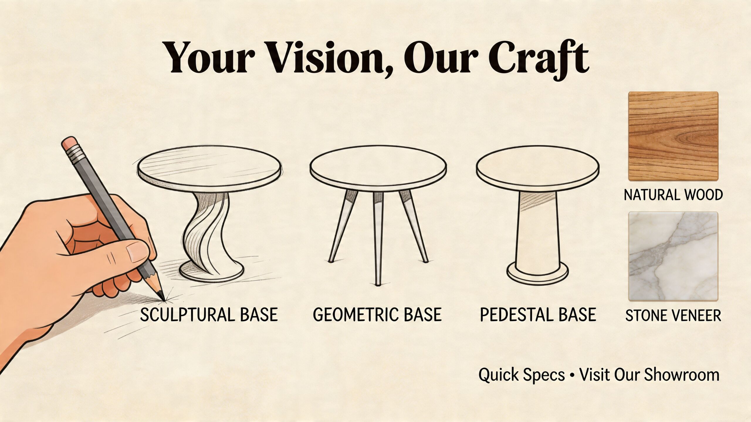 A hand drawing three round dining table base styles with options for natural wood and stone veneer materials.