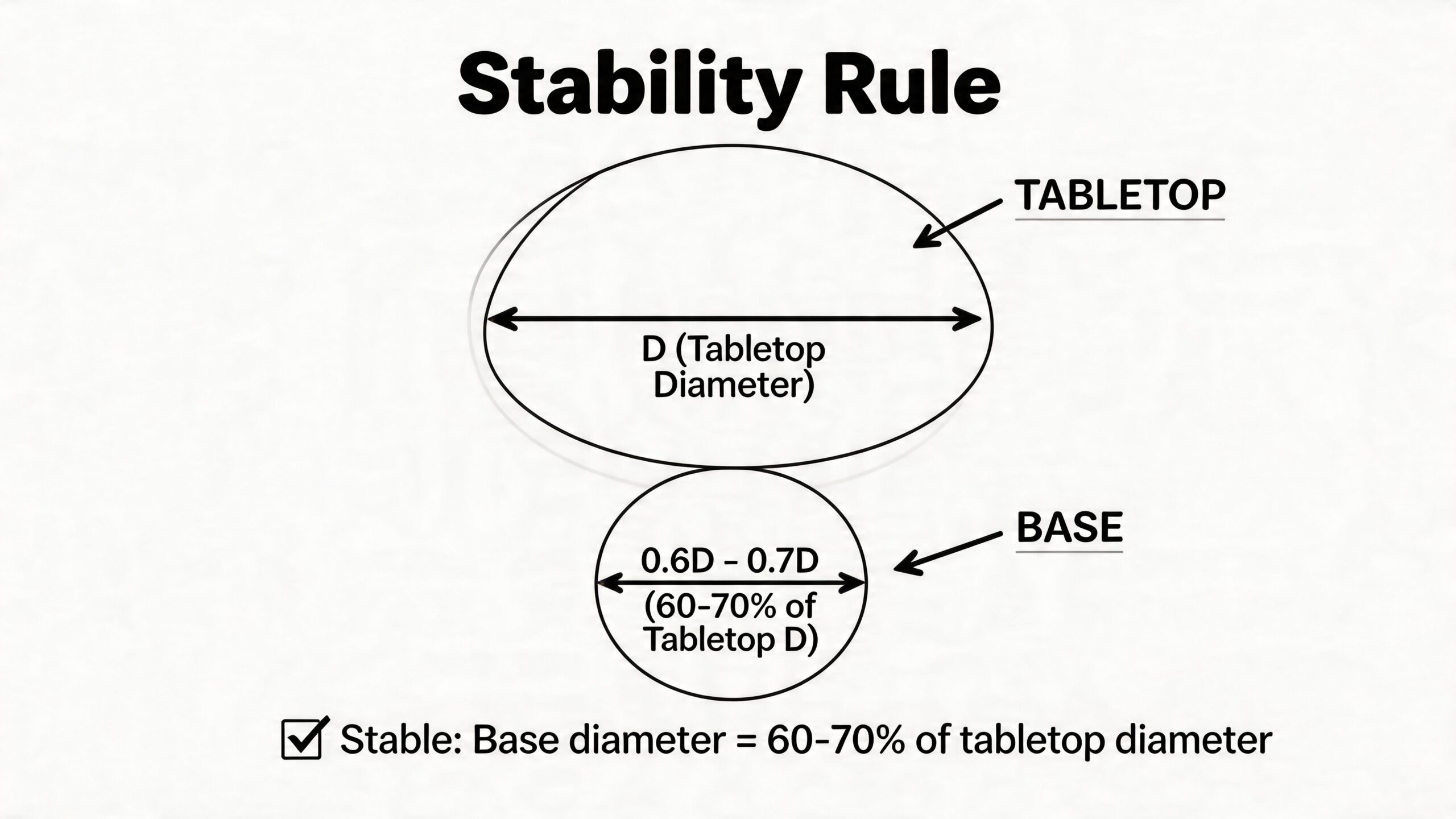 A diagram illustrating the stability rule for a round dining table showing base and tabletop diameter ratios.