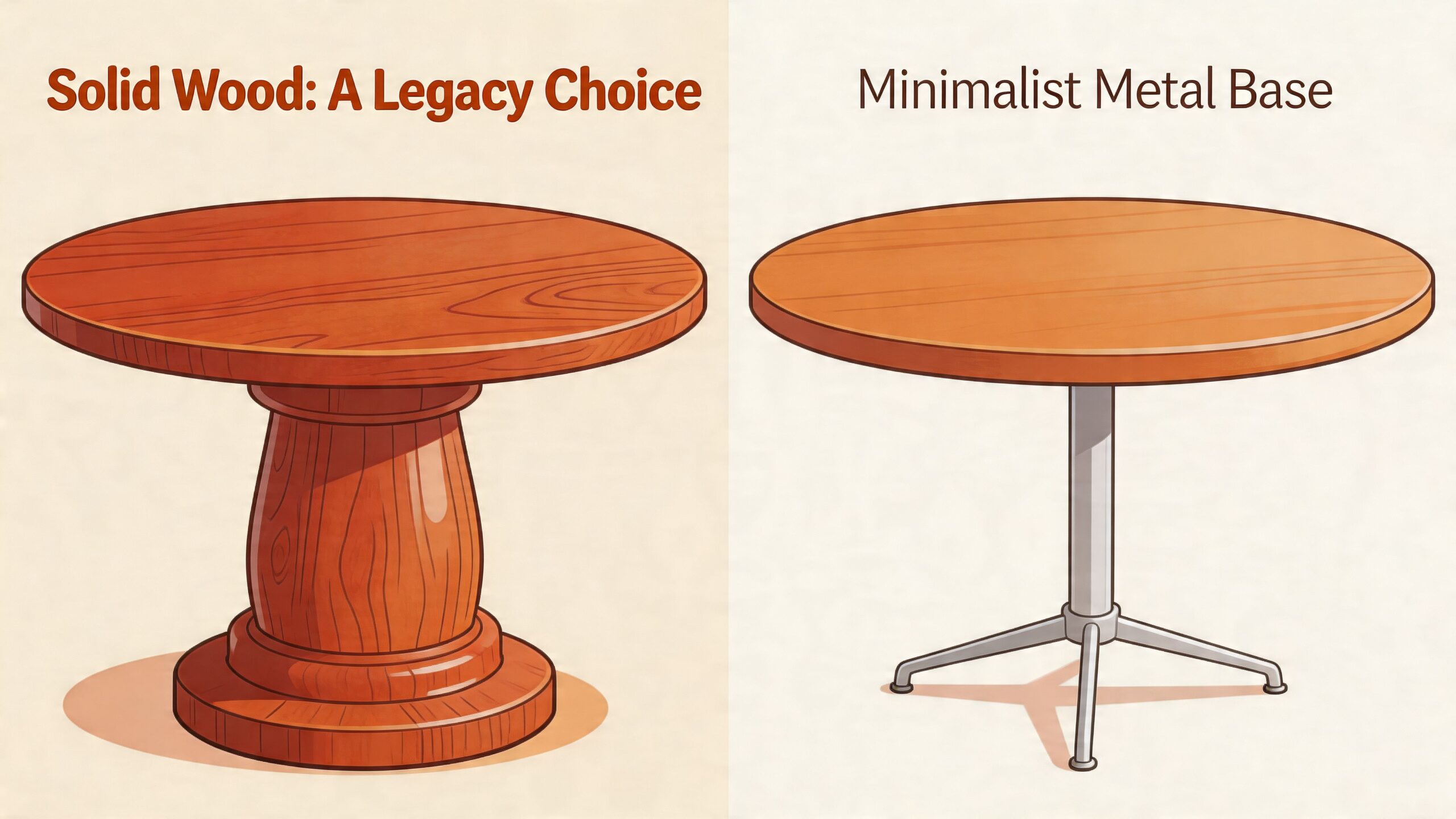 A split illustration comparing a classic solid wood pedestal table with a modern minimalist metal base table.