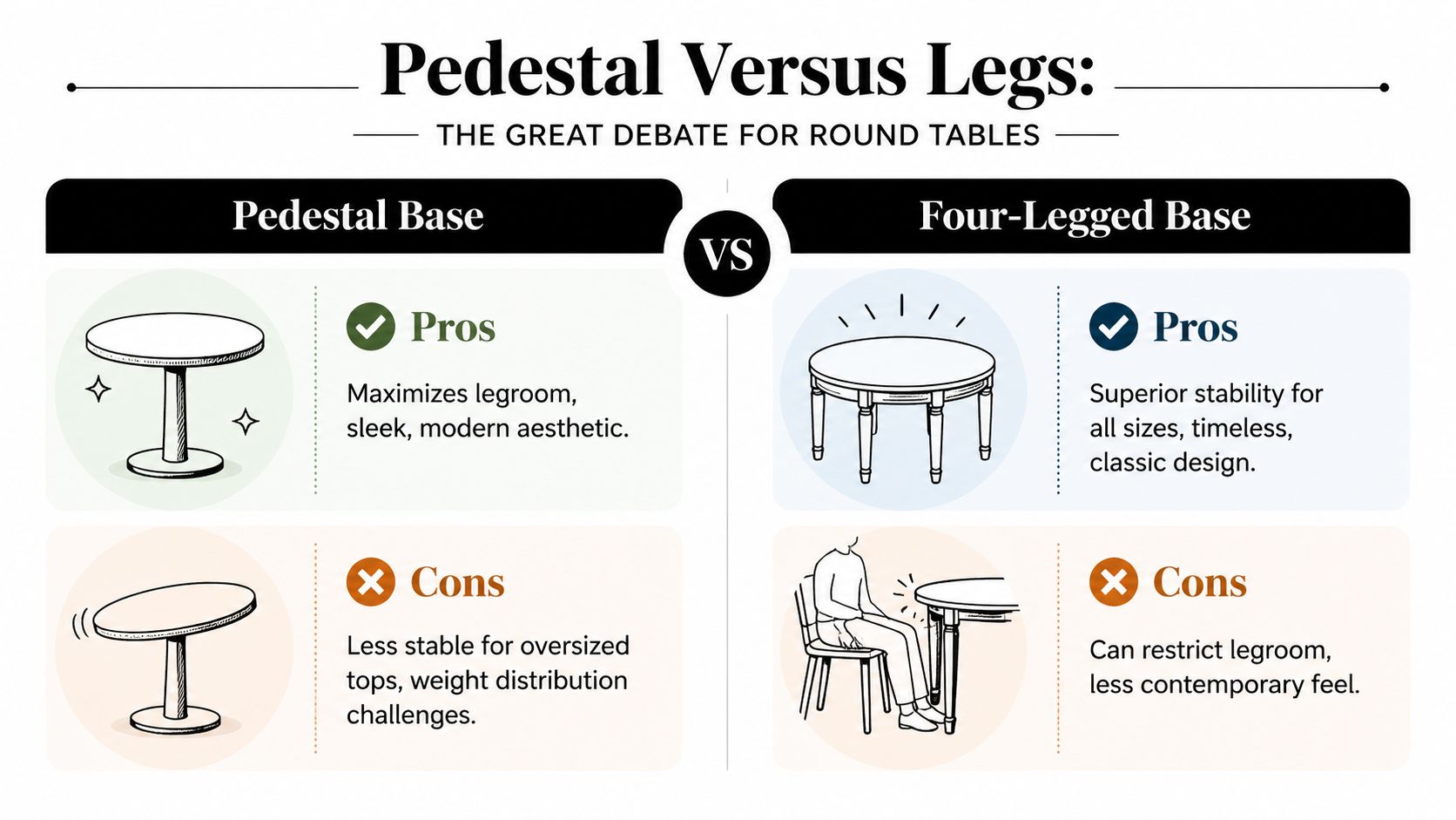 A comparison infographic showing the pros and cons of pedestal versus four-legged bases for round dining tables.