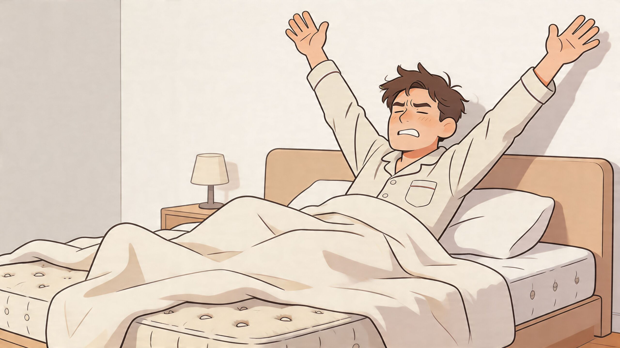 A man stretching in bed after waking up, reflecting the need for a more comfortable mattress.