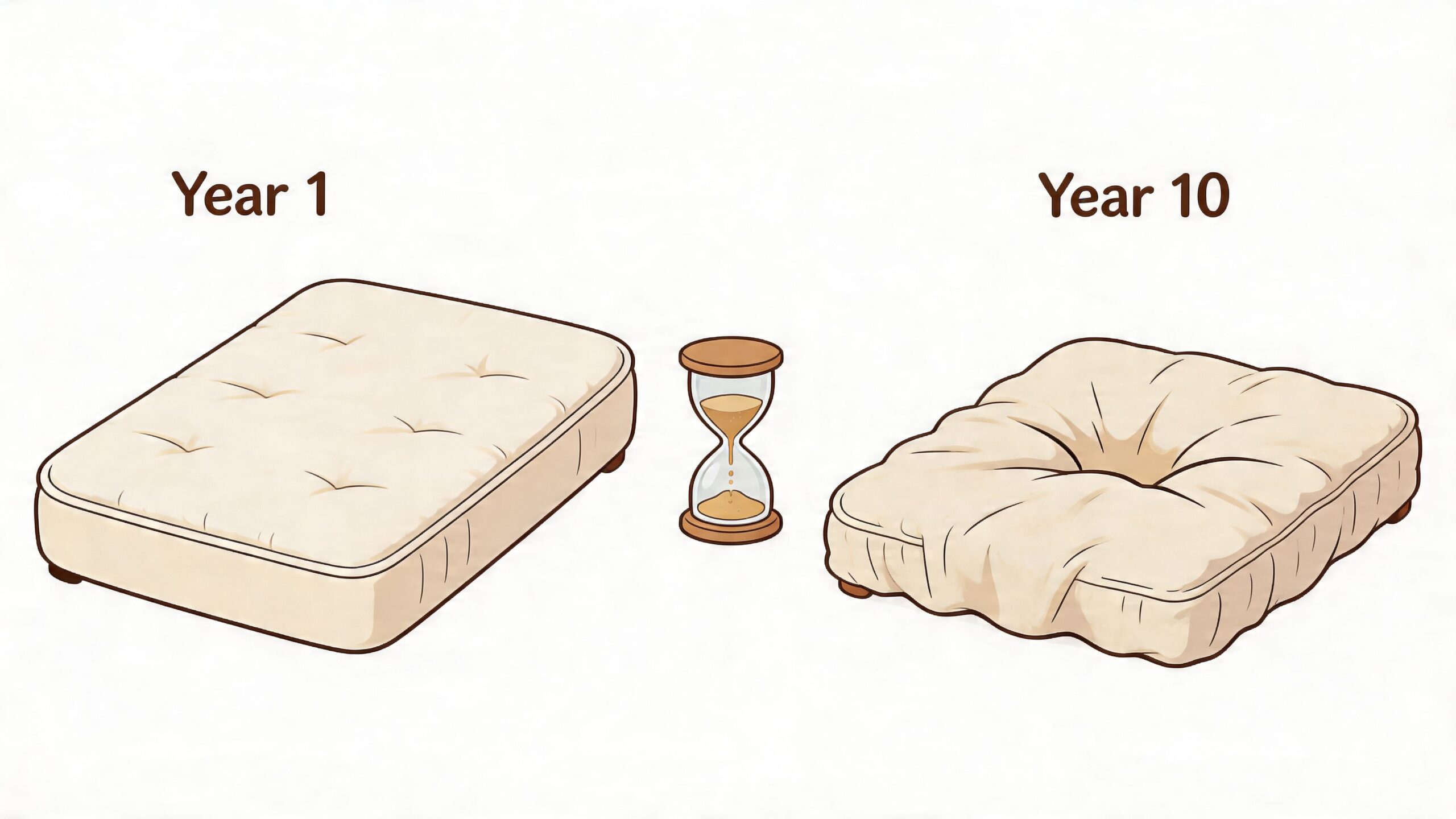 A mattress comparison showing a new mattress at Year 1 versus a worn out mattress at Year 10.