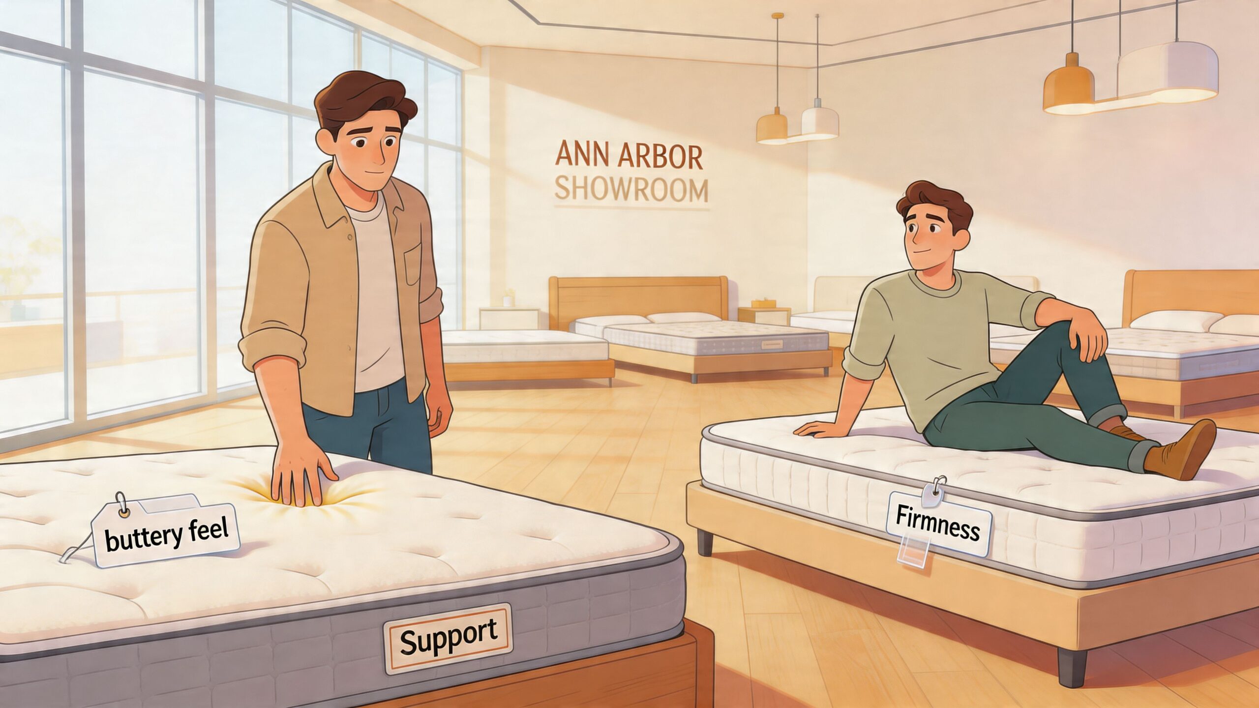 Two men shopping for mattresses in a showroom, testing the comfort, support, and firmness of the beds.