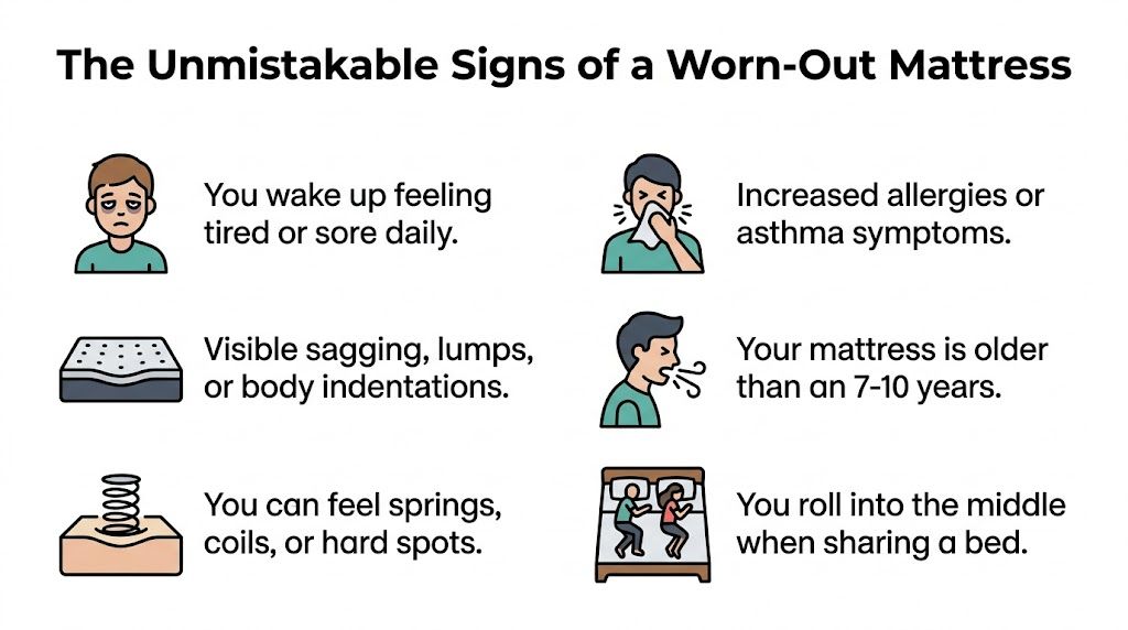An infographic titled The Unmistakable Signs of a Worn-Out Mattress listing six physical indicators for replacing your bed.