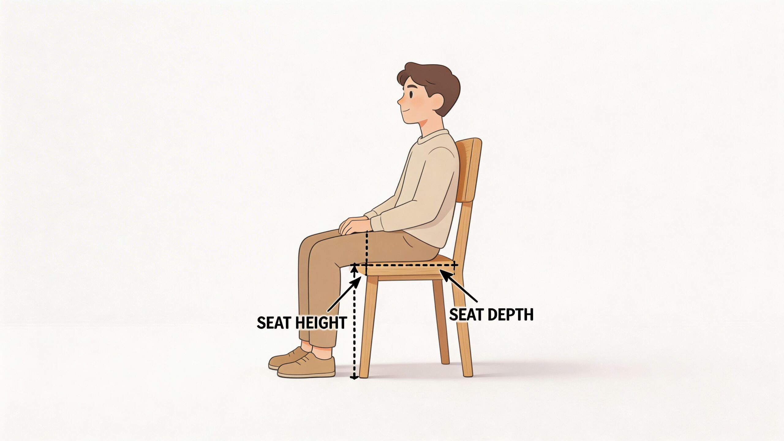 A diagram illustrating the correct seat height and seat depth measurements for a person sitting on a chair.