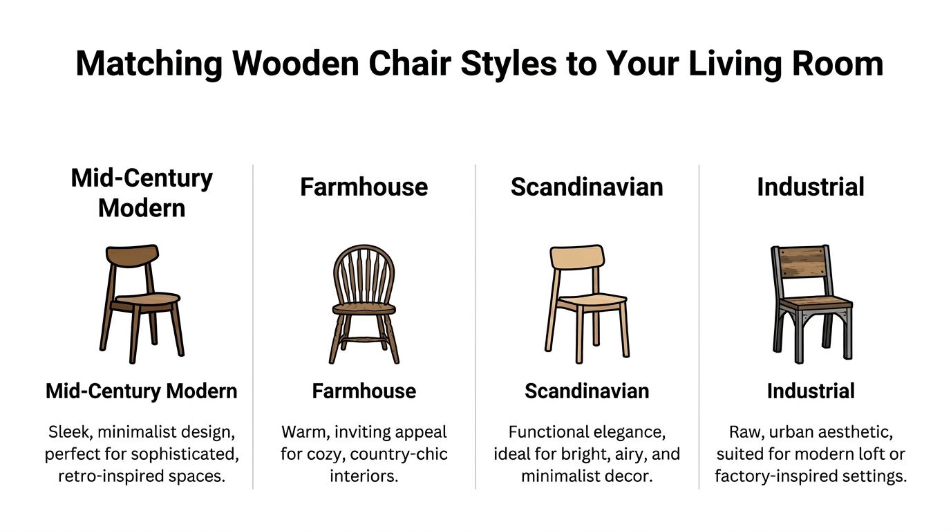 An infographic showing four different wooden chair styles including Mid-Century Modern, Farmhouse, Scandinavian, and Industrial designs.