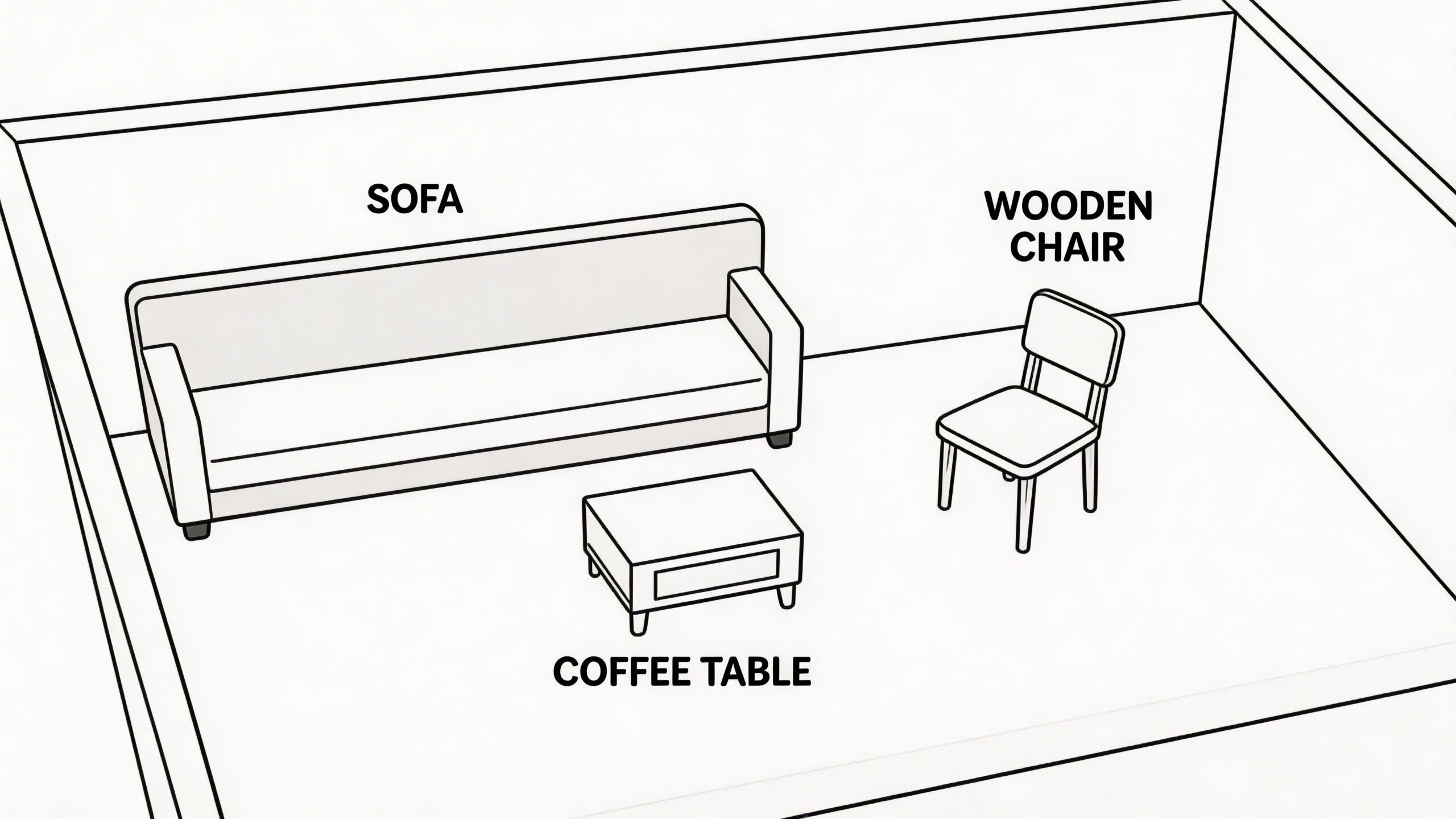 A simple line drawing of a living room furnished with a sofa, a coffee table, and a chair.