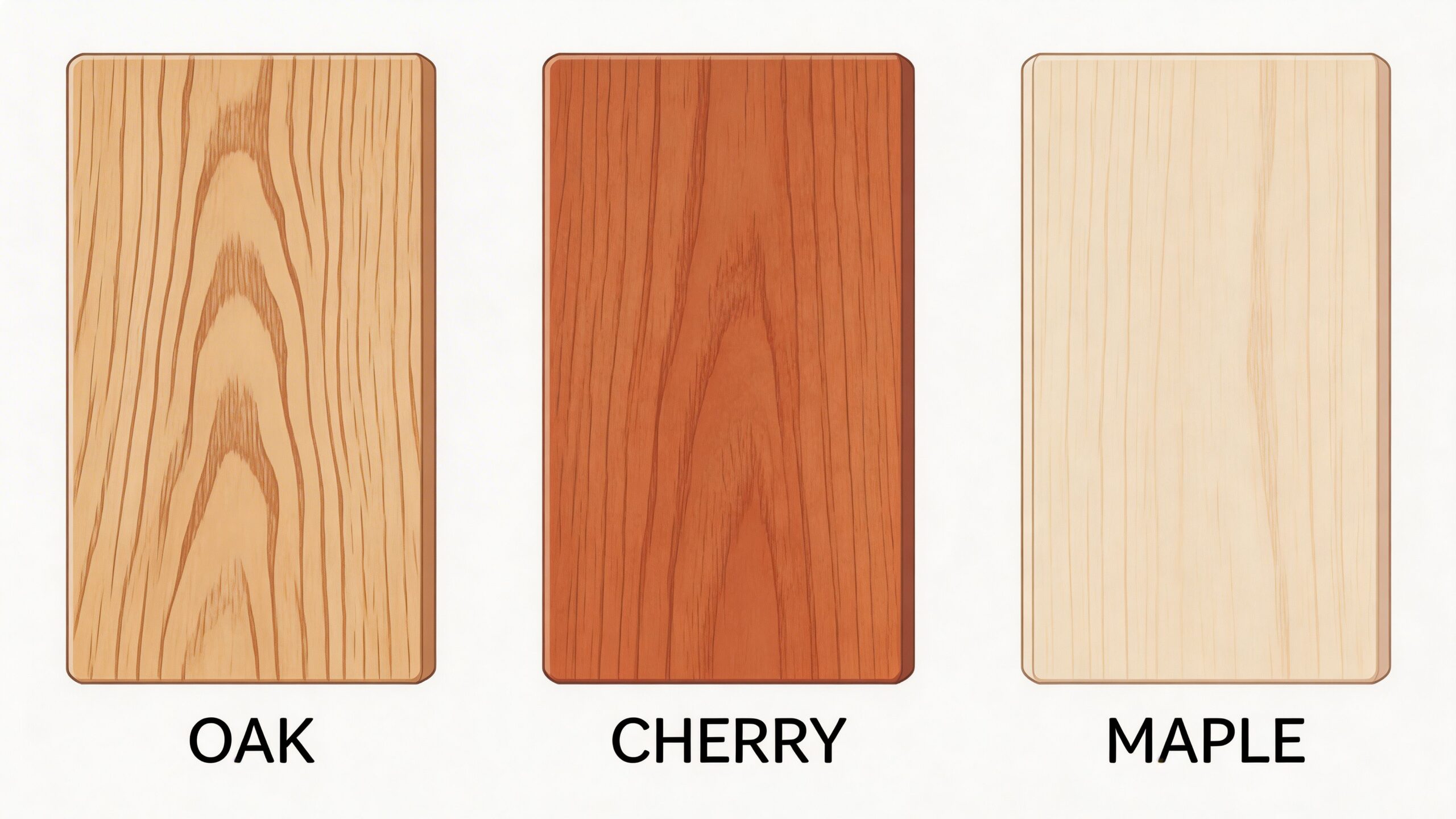 Three rectangular wooden boards showcasing different wood grain patterns labeled as oak, cherry, and maple wood samples.