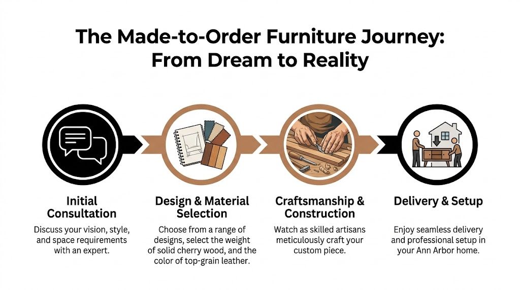 A process diagram illustrating the four steps of ordering custom handcrafted furniture from design to delivery.