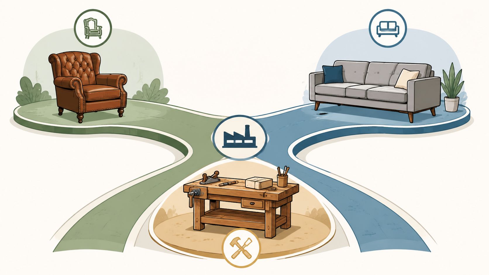 An illustration showing a path from a workshop to either a leather armchair or a modern sofa.