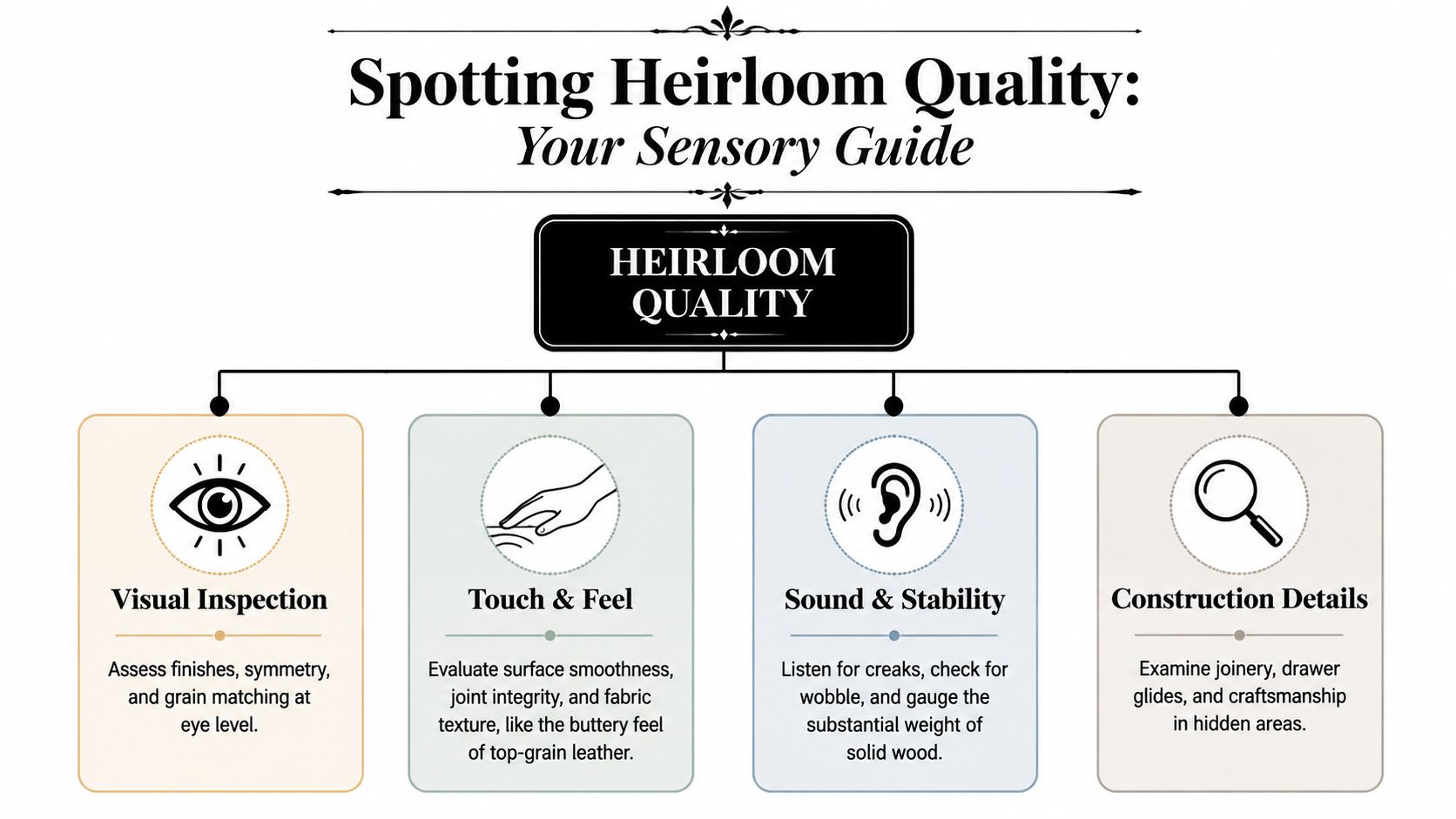 An infographic titled Spotting Heirloom Quality detailing sensory methods to evaluate furniture durability and craftsmanship.