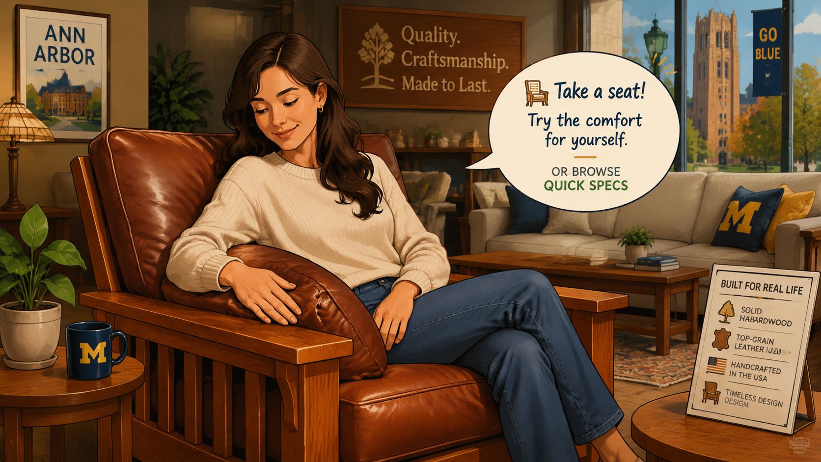 A woman comfortably sitting in a handcrafted leather armchair inside a cozy living room showroom setting.