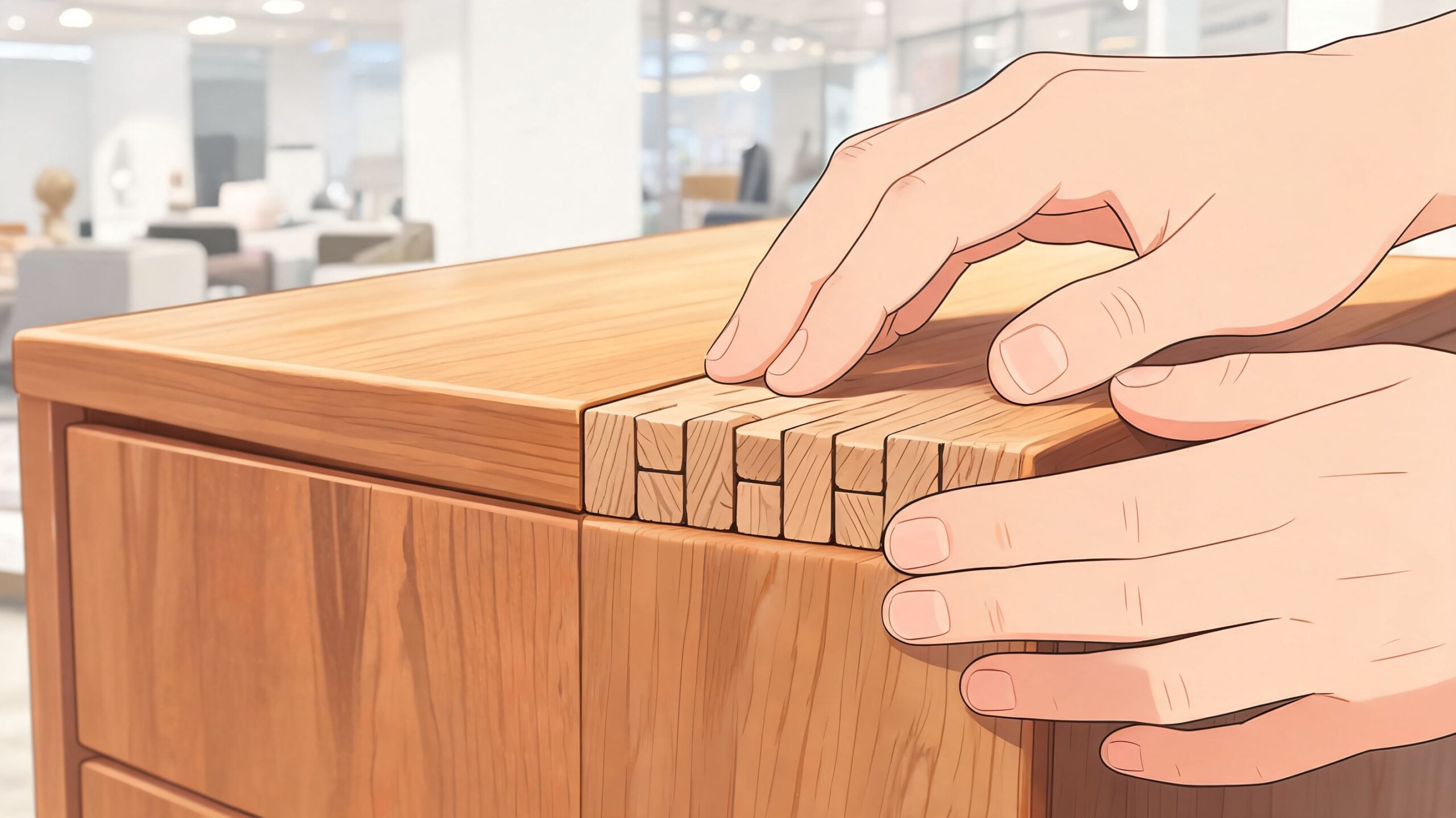 A close-up view of hands assembling high-quality American-made wooden dining table components in a furniture showroom.