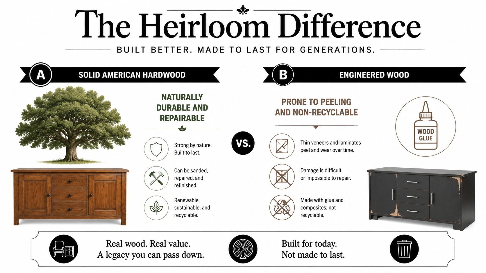 An infographic comparing solid American hardwood furniture against engineered wood furniture based on durability and repairability.