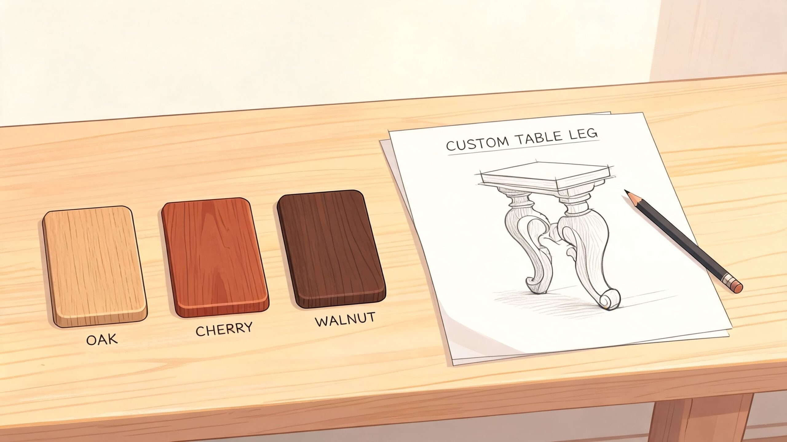 A wooden table displaying three different wood samples labeled oak, cherry, and walnut next to a sketch.