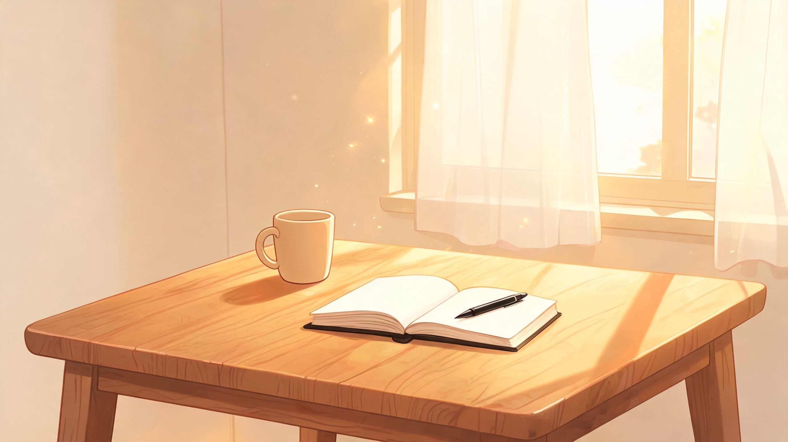 A warm sunlight illuminates a simple open notebook and a coffee mug on a wooden table.