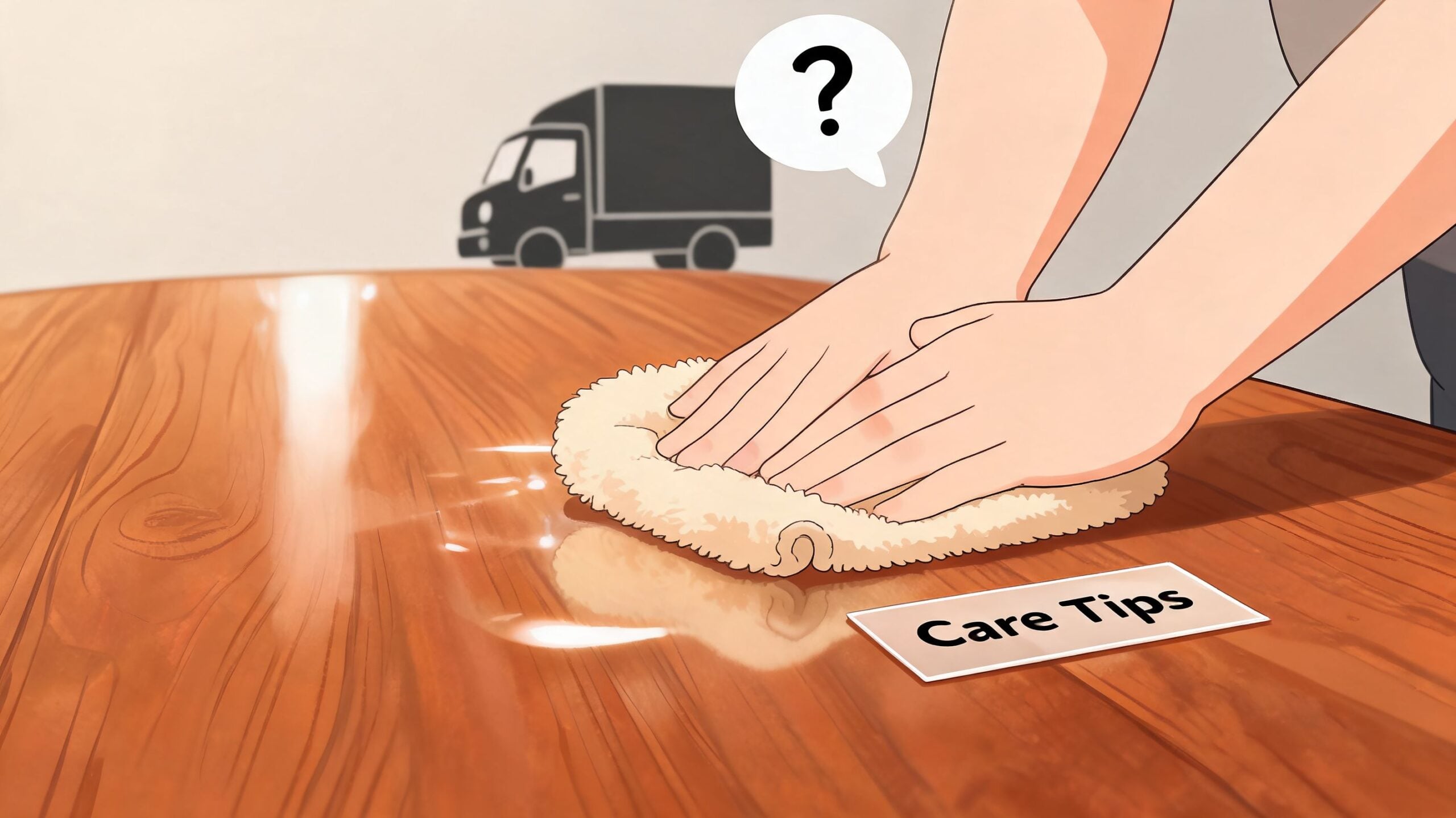 A person cleaning a polished wooden surface with a soft cloth to maintain quality furniture.