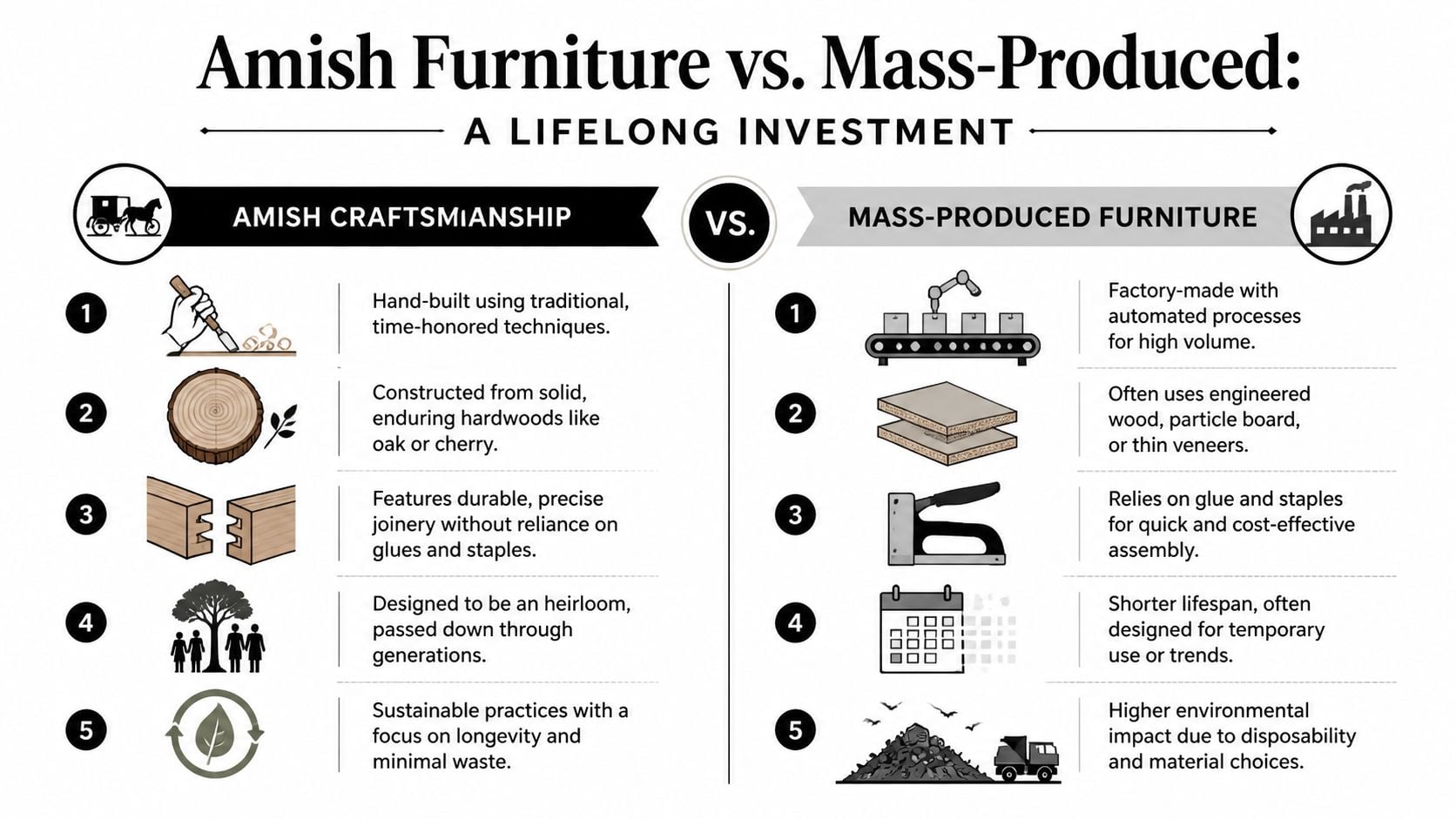 A comparison chart showing the differences between durable Amish craftsmanship and low-quality mass-produced furniture.