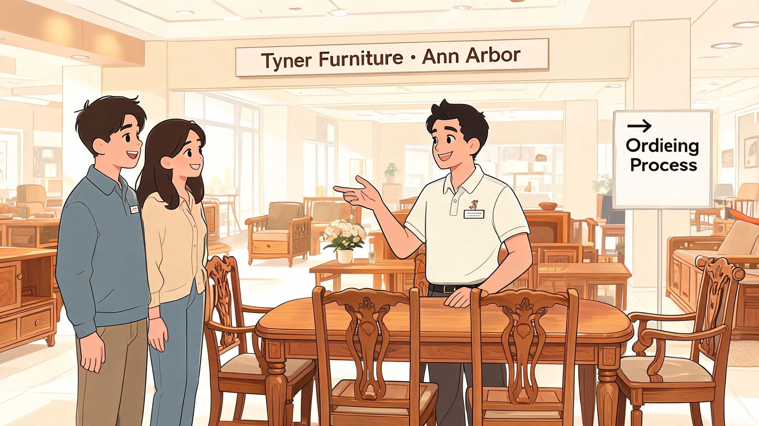 A friendly furniture store associate explaining store options to a couple at Tyner Furniture in Ann Arbor.
