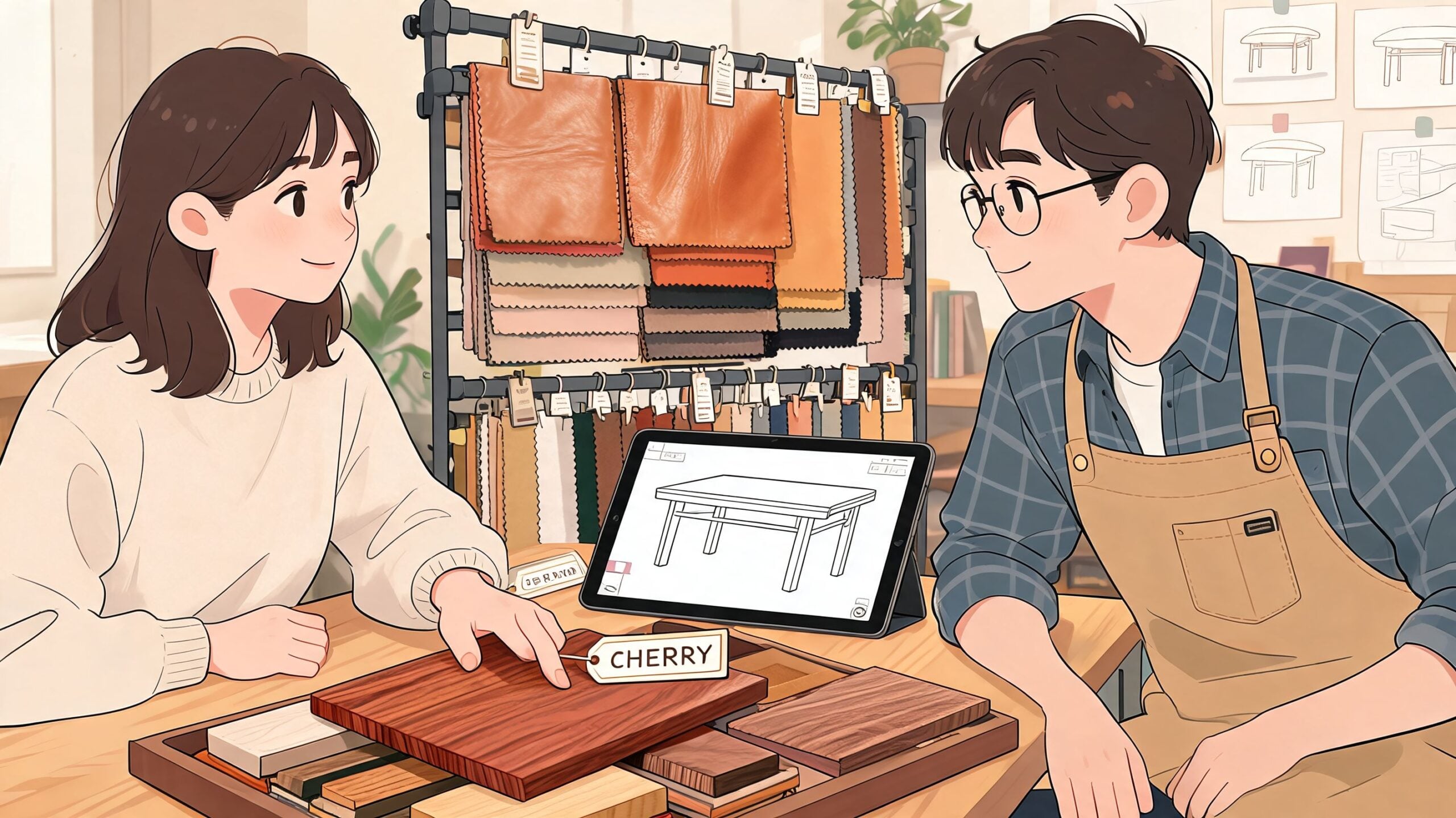 A woodworker consulting with a customer about wood types and furniture design in a workshop studio.