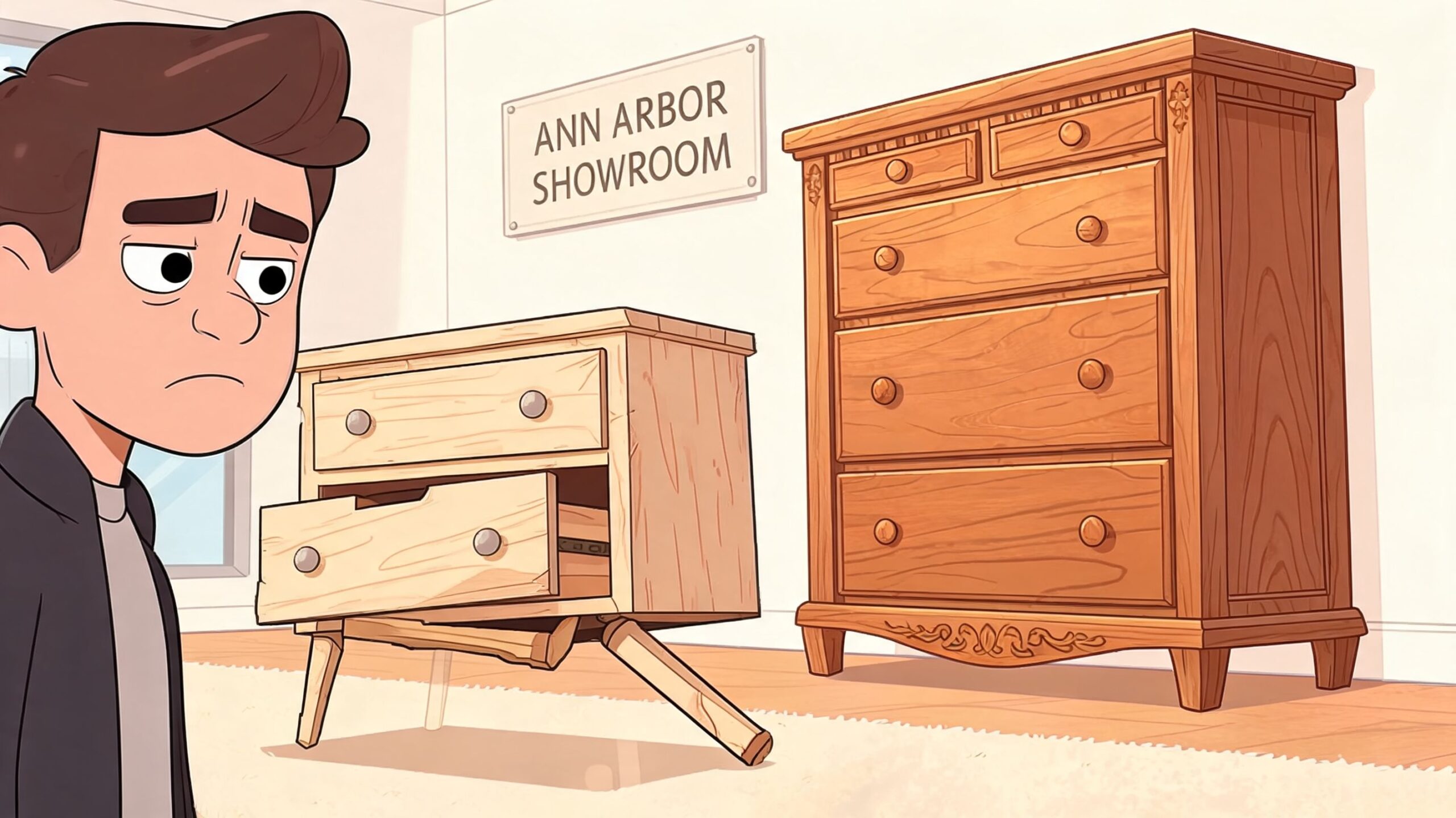 A cartoon man looking disappointed at a broken bedside table next to a sturdy wooden dresser.