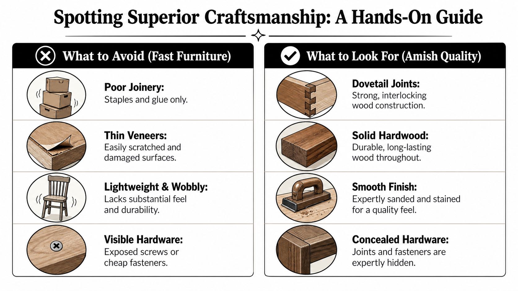 A comparison chart showing features to avoid versus quality indicators like dovetail joints and solid hardwood furniture construction.