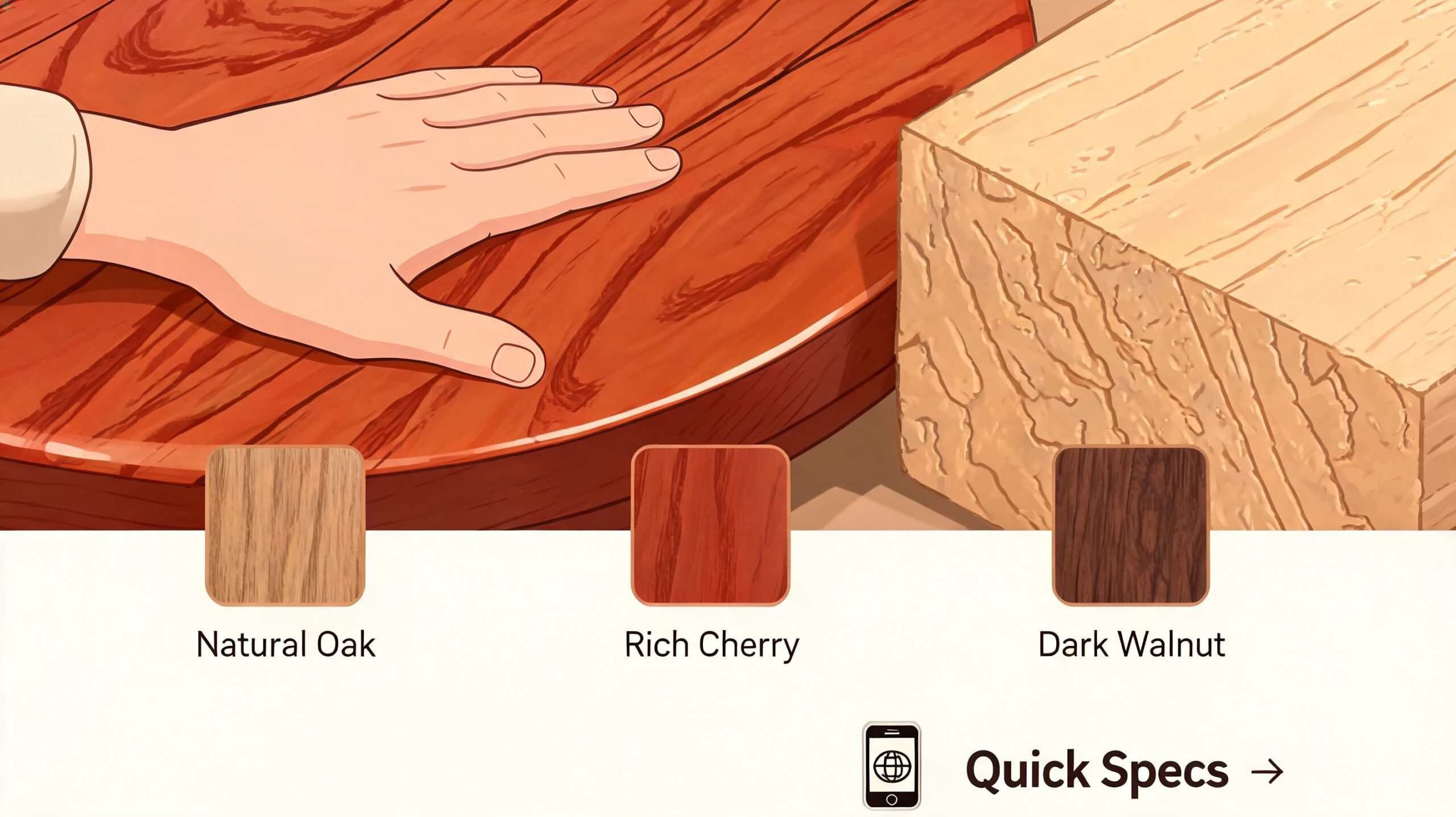 A hand rests on a smooth wooden table next to wood samples of Natural Oak, Rich Cherry, and Dark Walnut.