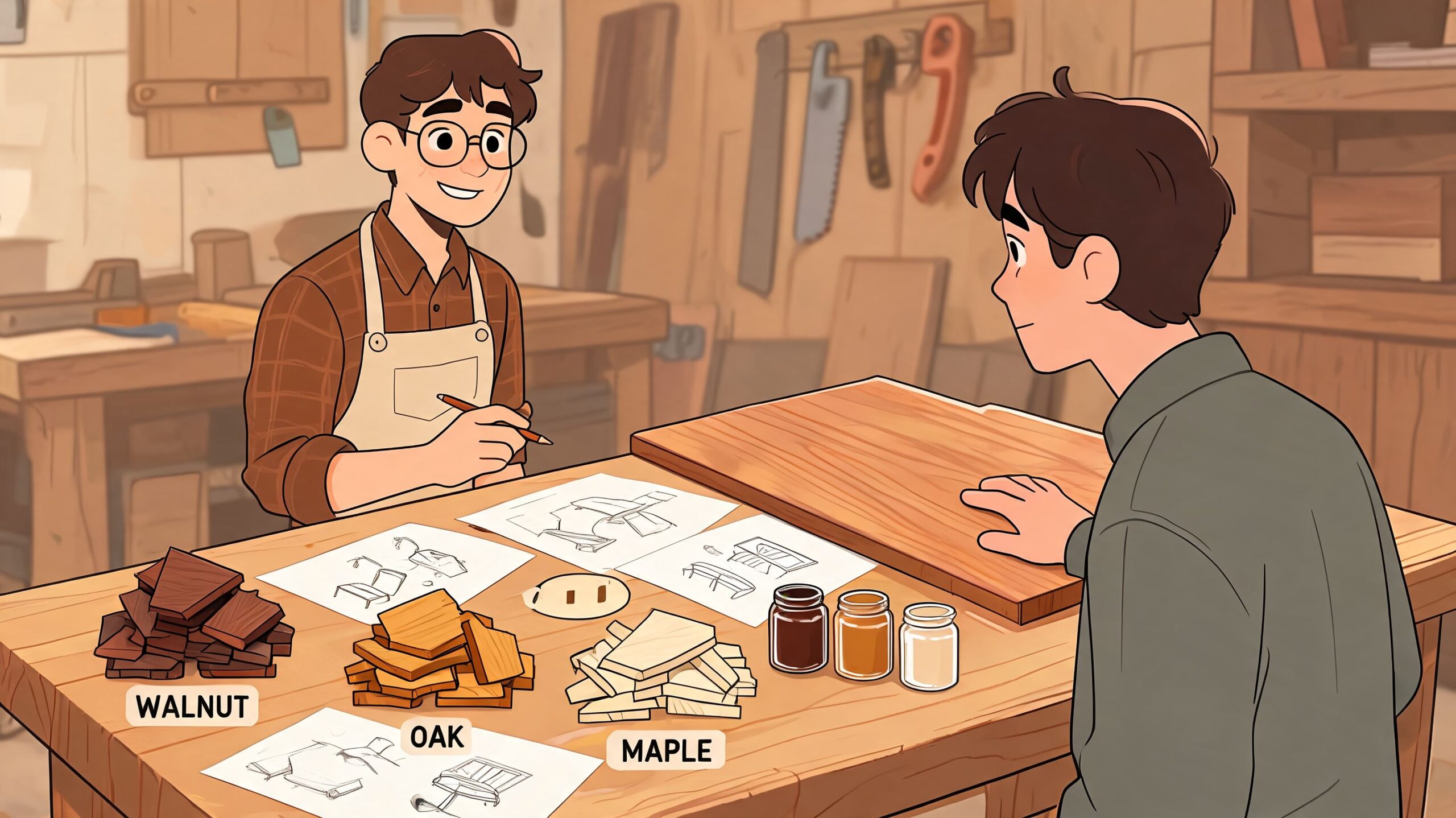 A carpenter in an apron discusses furniture design plans with a client among wood samples.