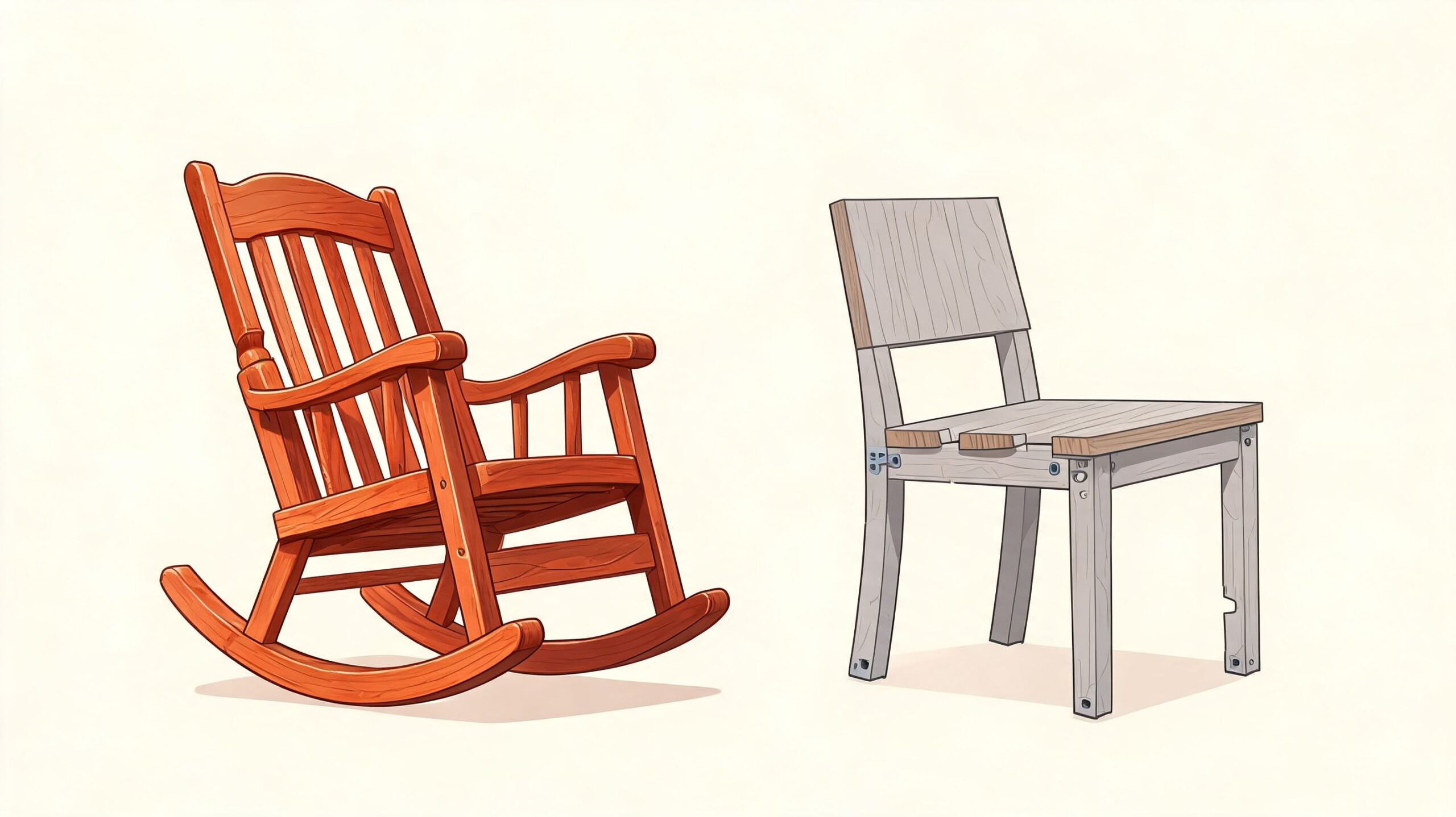 An illustration showcasing a traditional wooden rocking chair next to a modern minimalist straight-legged dining chair.