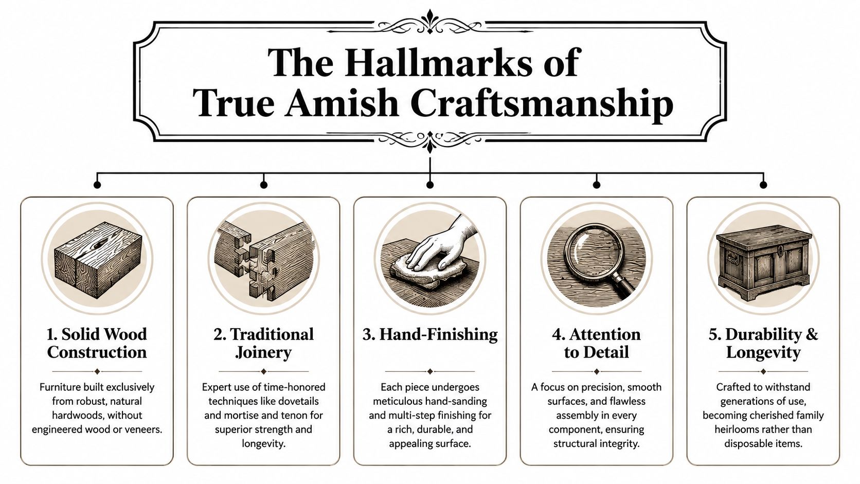 A visual guide outlining the five hallmarks of authentic Amish craftsmanship in solid wood furniture construction.