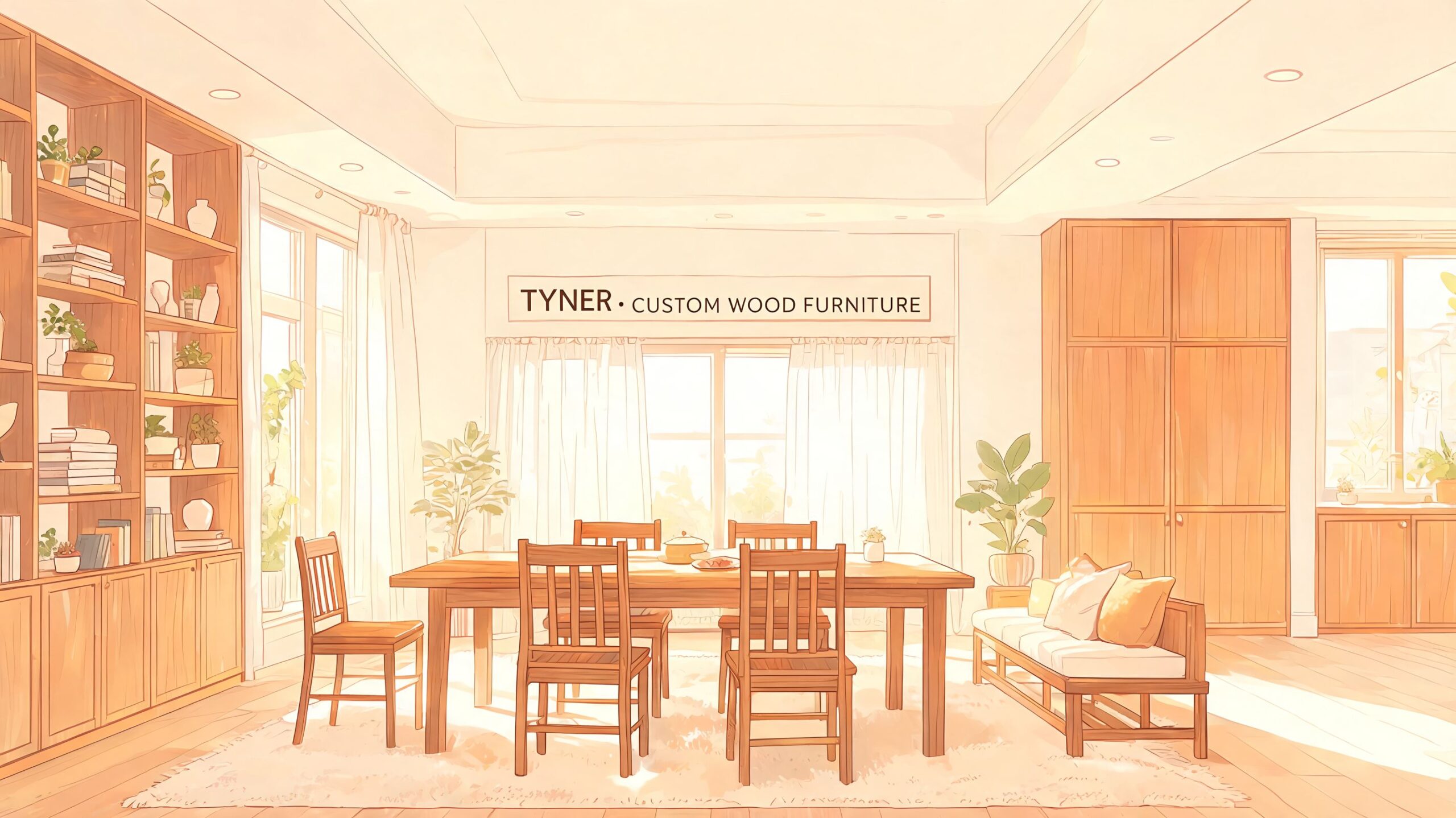 A bright and airy dining room featuring custom wooden furniture, including a large table, chairs, and shelving.