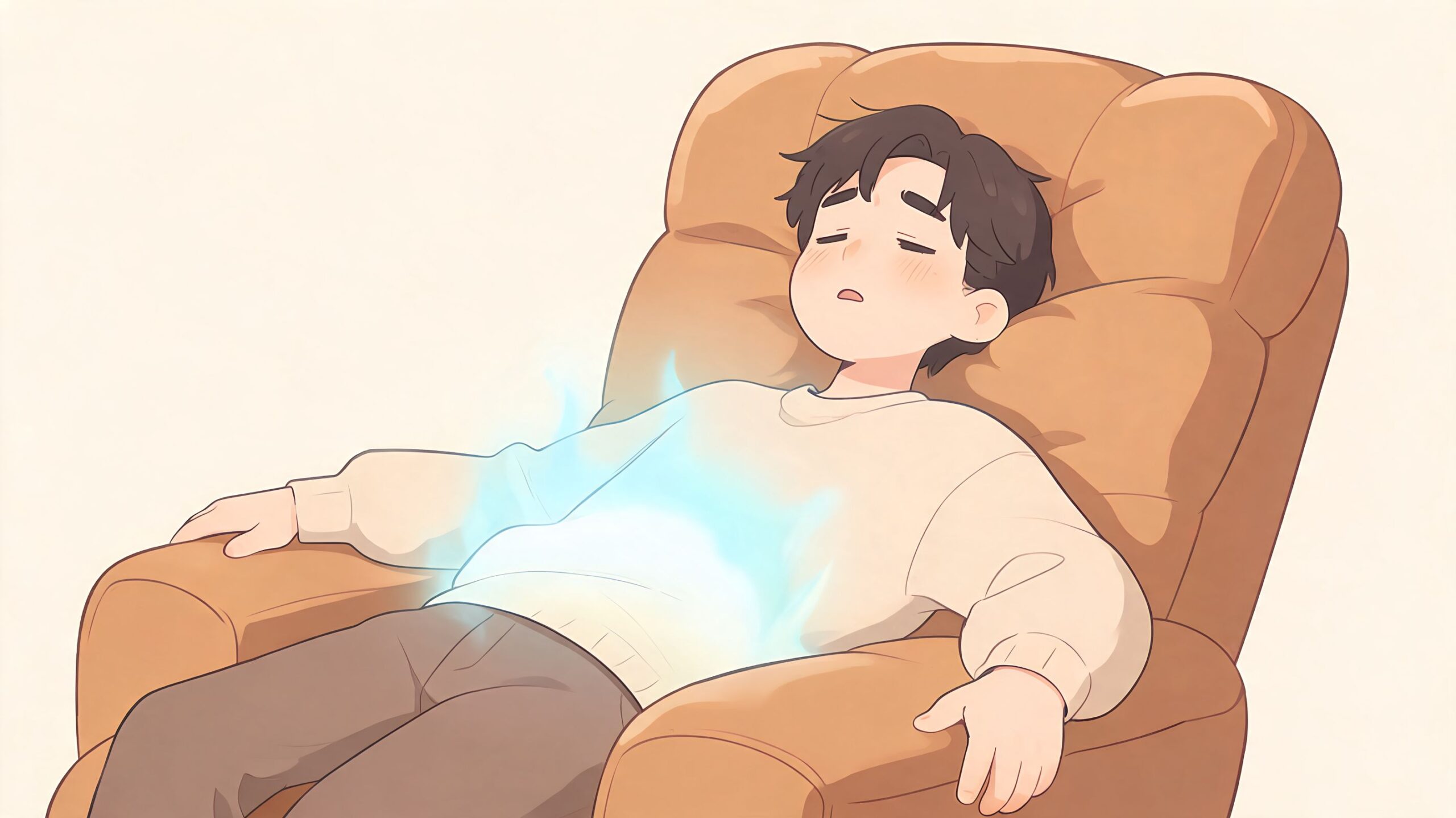 A young man with glowing blue energy around his stomach resting peacefully in a comfortable brown recliner.