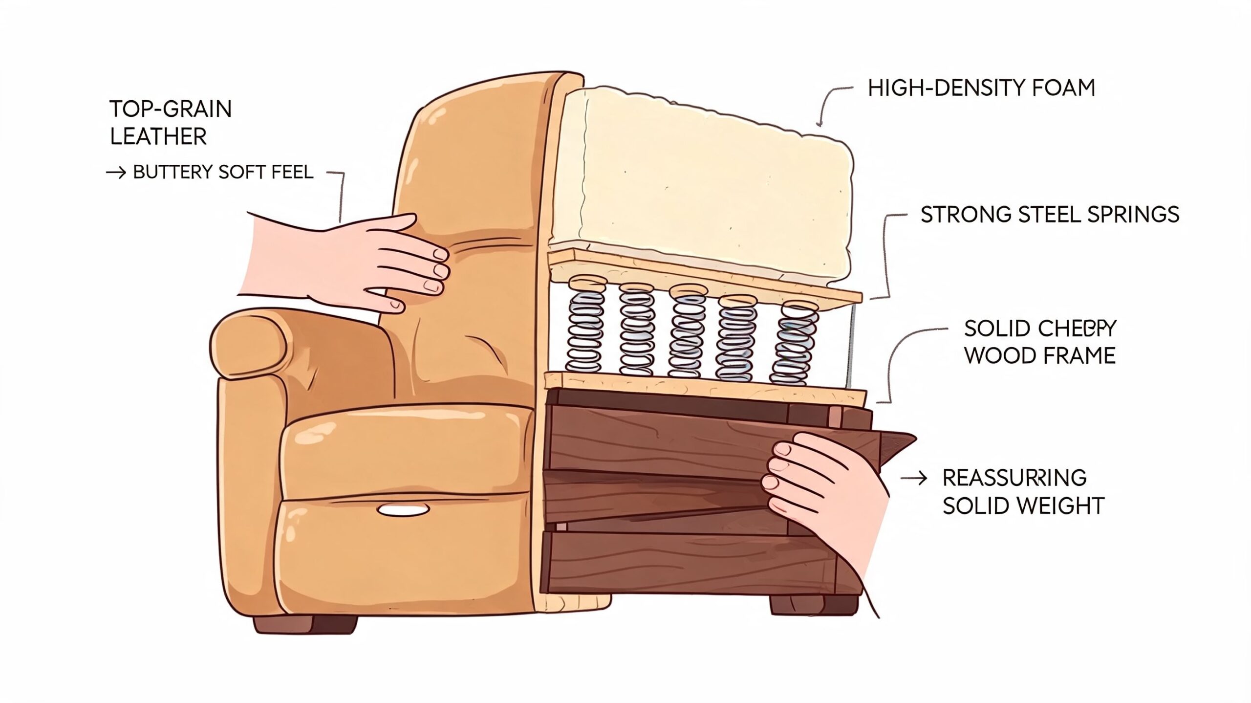 A diagram illustrating the high-quality construction materials inside a comfortable leather recliner chair for home use.