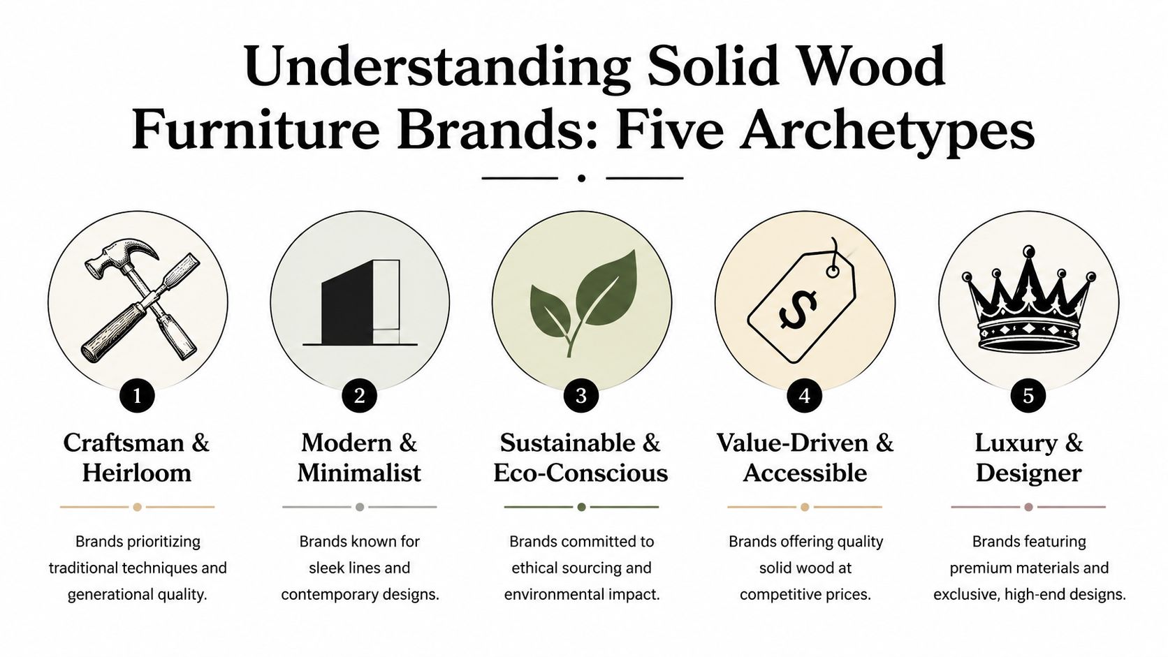 An infographic illustrating five archetypes of solid wood furniture brands including craftsman, modern, sustainable, value, and luxury.