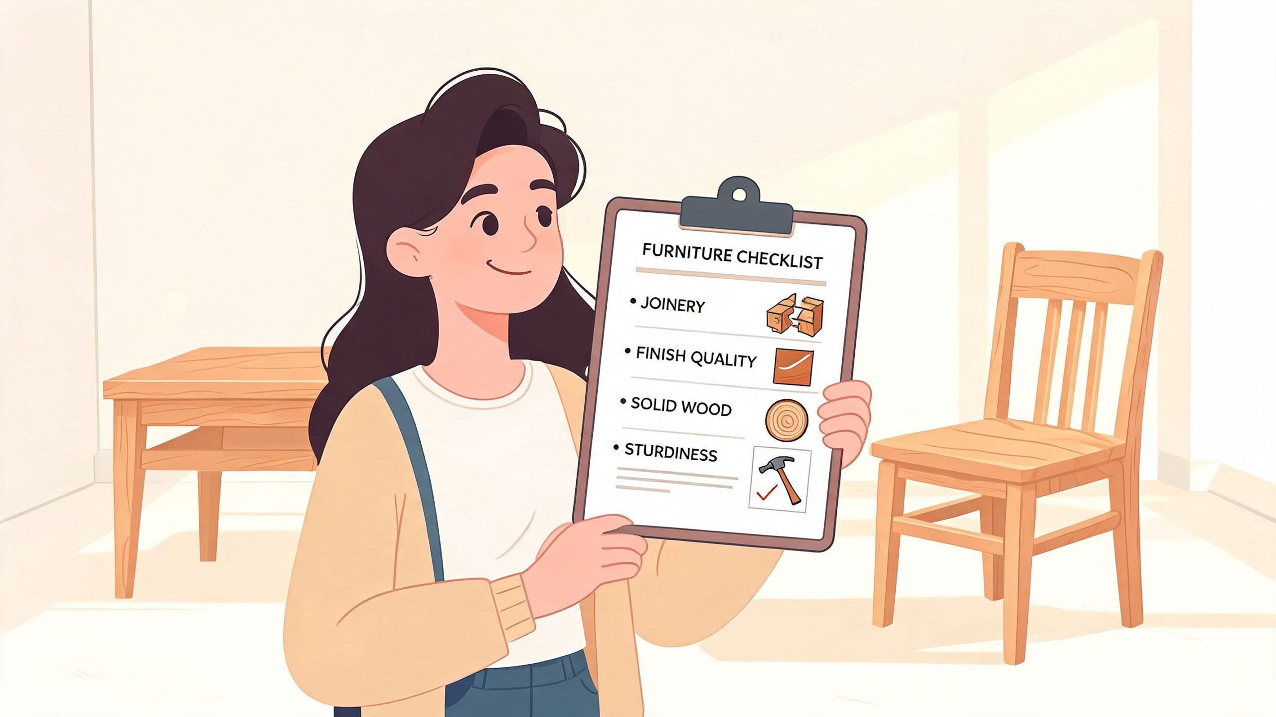 A young woman holding a clipboard with a furniture checklist for inspecting high quality wooden chairs and tables.