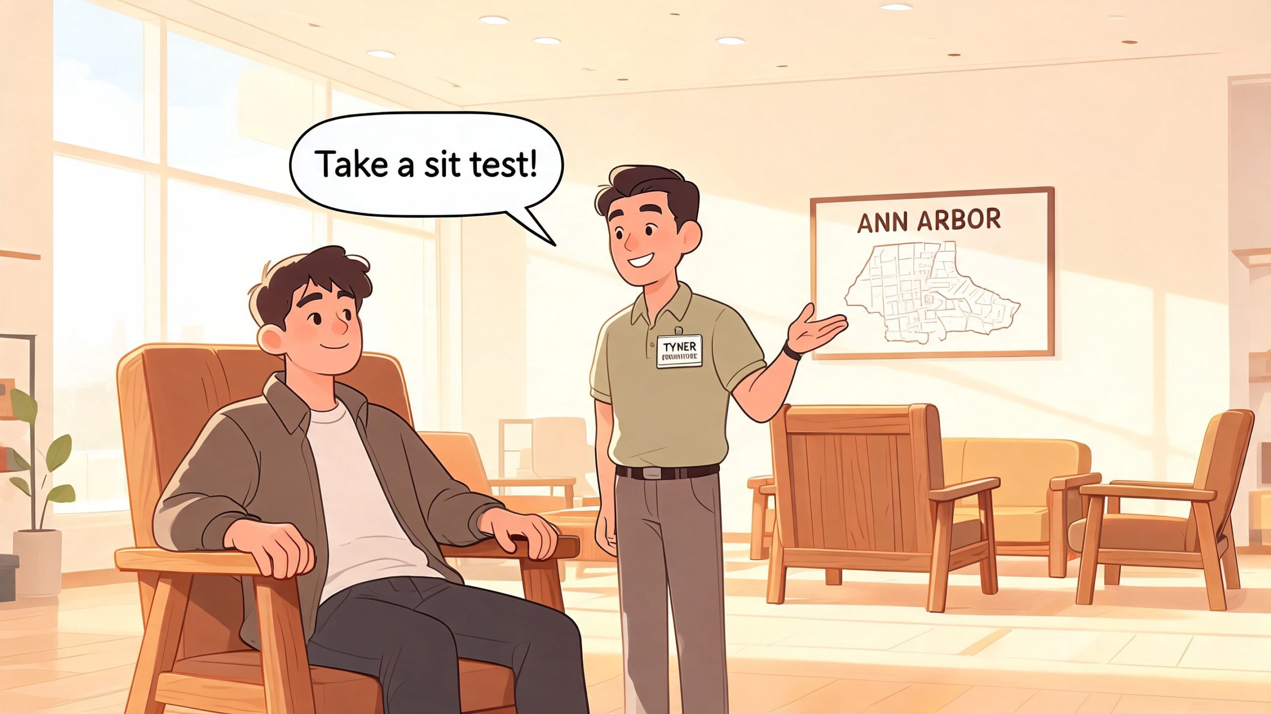 A friendly furniture store employee advising a customer to take a sit test on a wooden armchair.